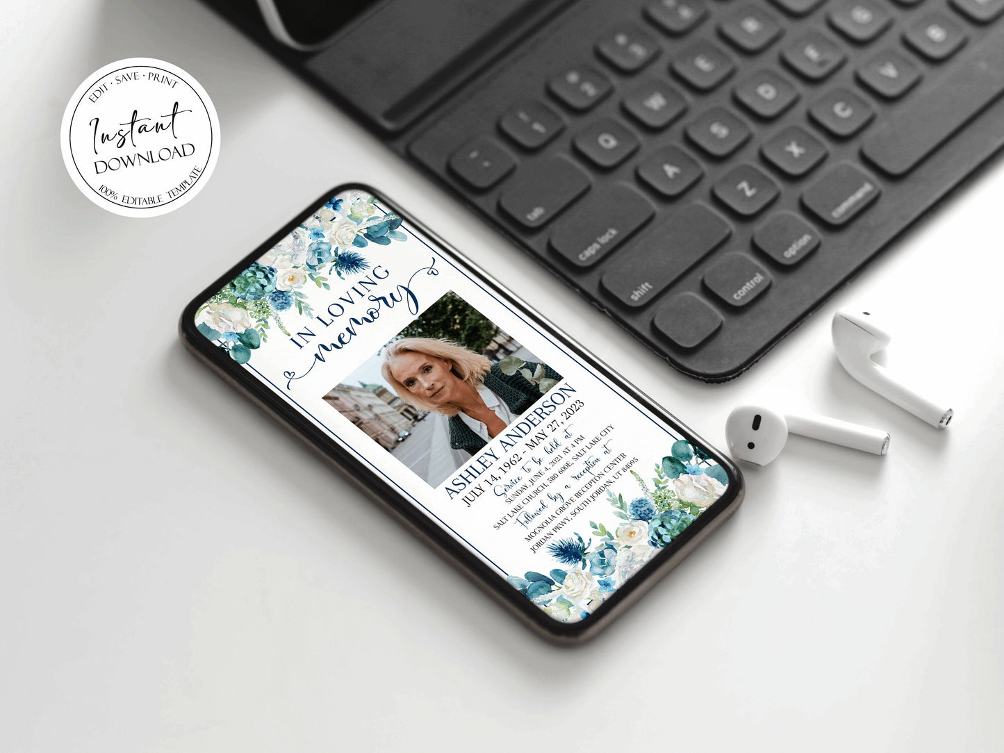 In Loving Memory Blue White Floral Digital Funeral Invitation Template , Blue Digital Funeral Invitation, Blue White Floral Electronic Funeral Invite Template, Blue Memorial Evite B1