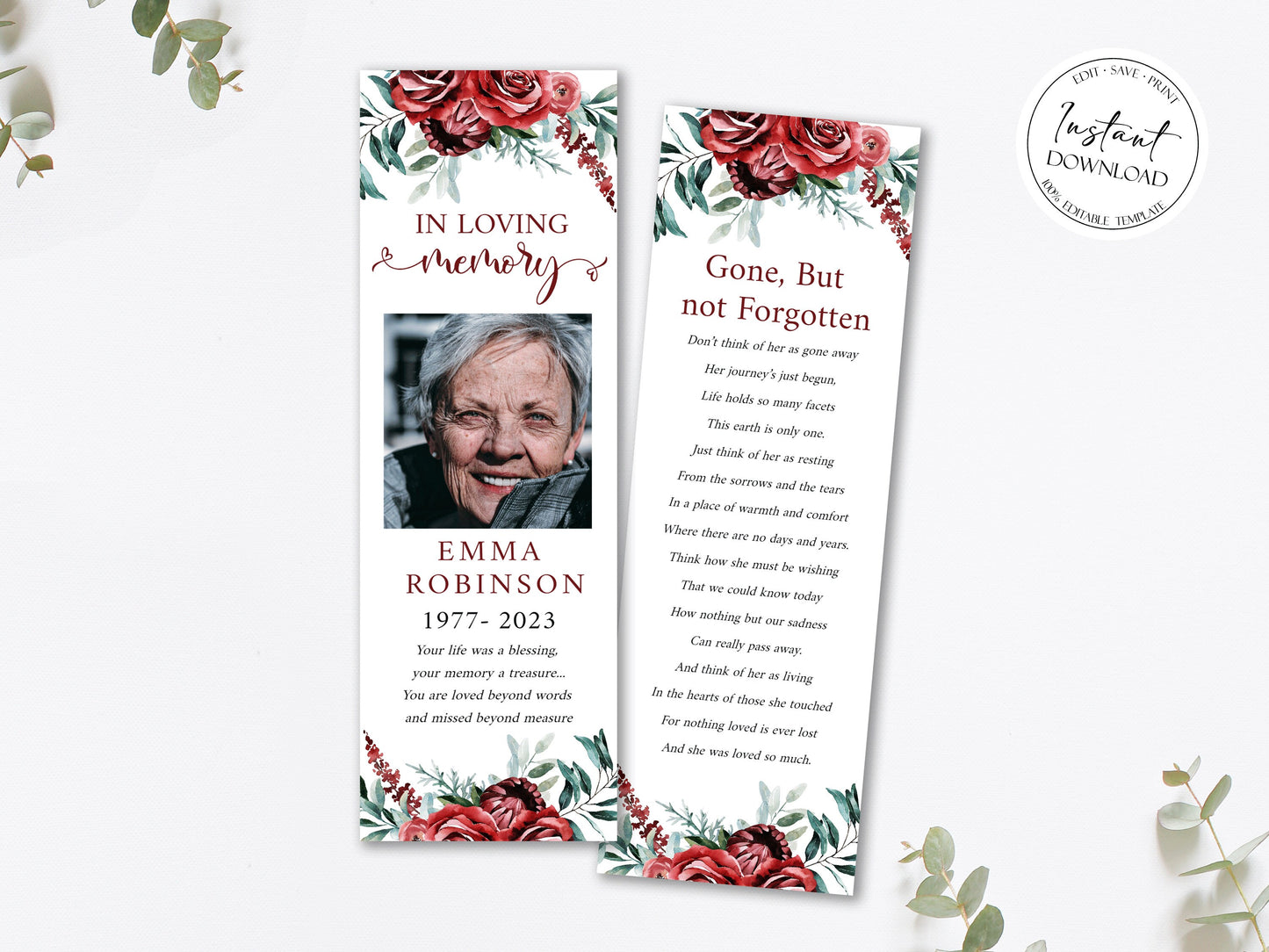Red Roses Funeral Bookmark Template, Celebration of Life Bookmark, Funeral Keepsake Cards, Burgundy Memorial Bookmark, Obituary Bookmark R2