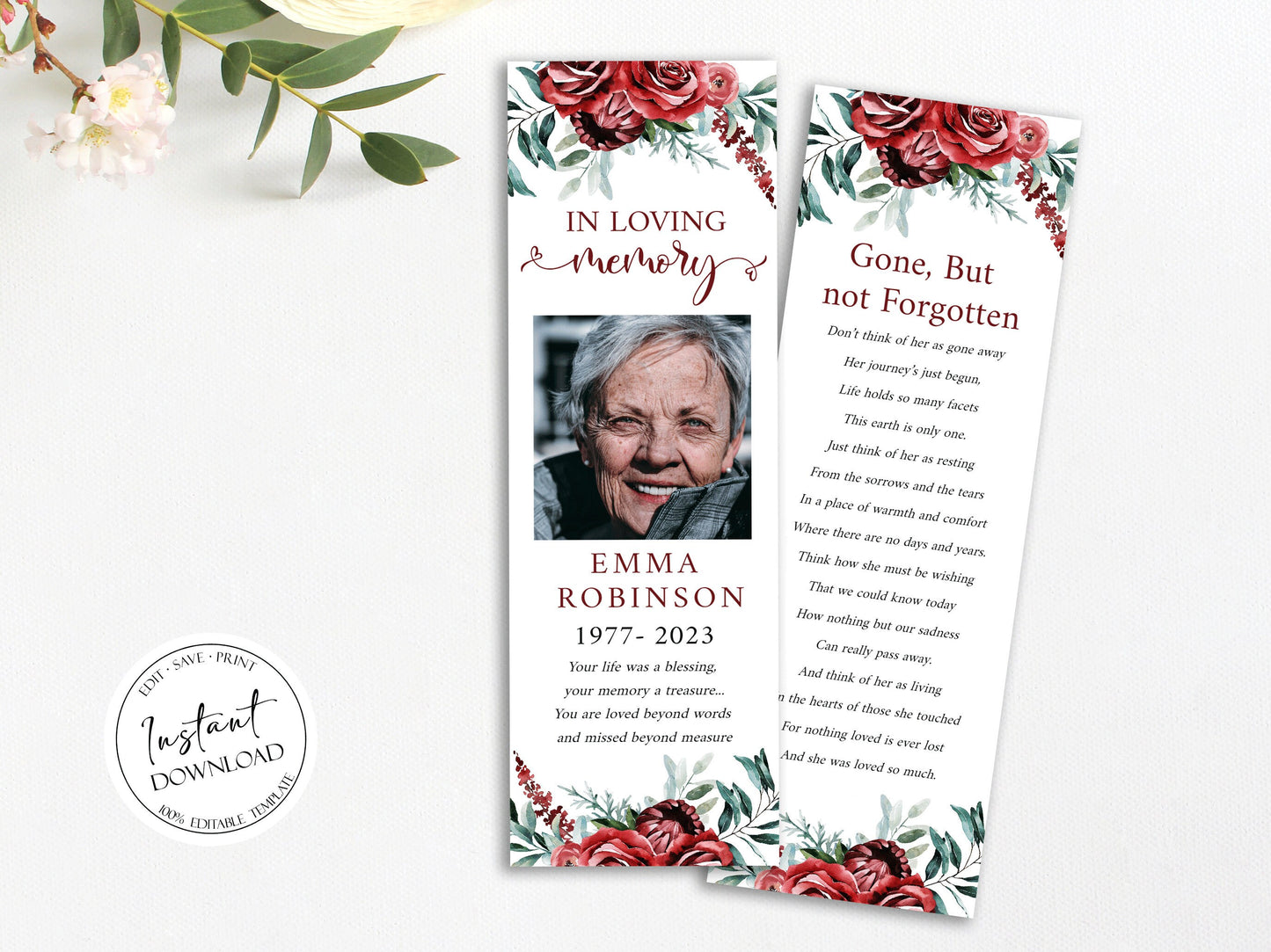 Red Roses Funeral Bookmark Template, Celebration of Life Bookmark, Funeral Keepsake Cards, Burgundy Memorial Bookmark, Obituary Bookmark R2
