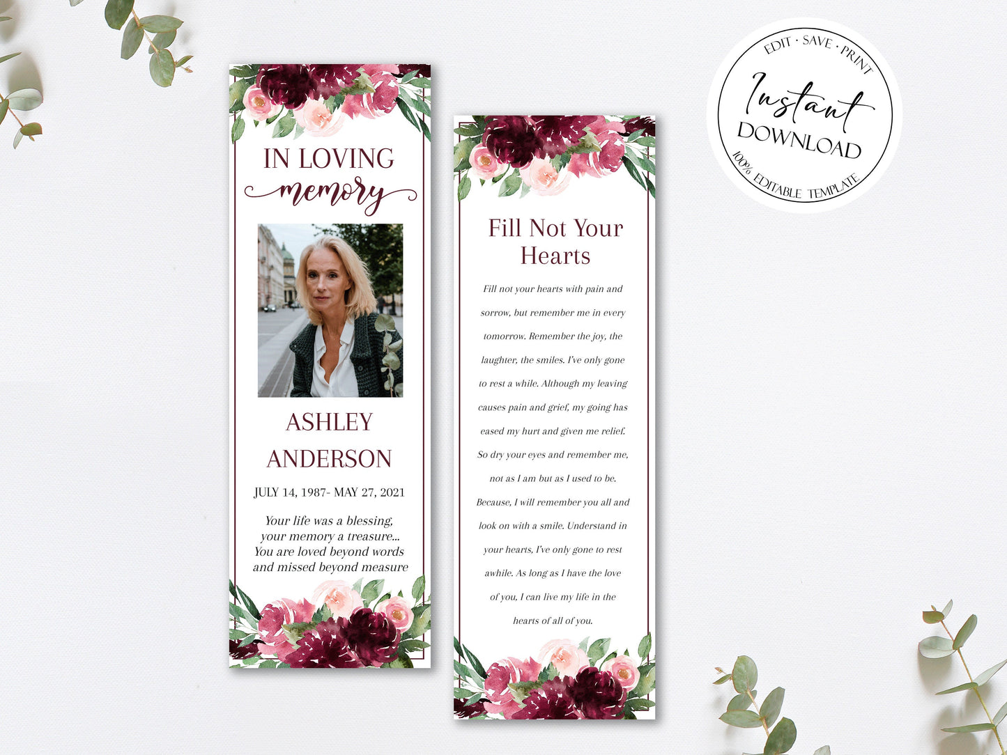 Red Floral Funeral Bookmark Template, Celebration of Life Bookmark, Funeral Keepsake Cards, Burgundy Memorial Bookmark, Obituary Bookmark R3