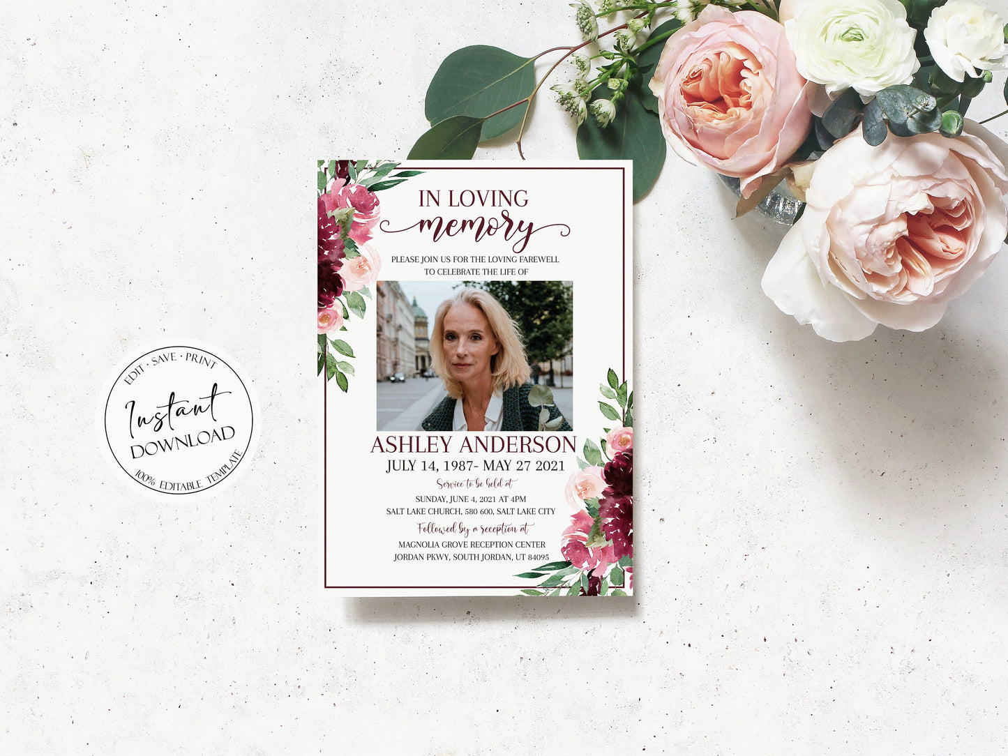 Celebration of life, Burgundy Funeral Invitation, Funeral Announcement, Red Roses Funeral Cards, Printable Red Roses Memorial Invitation, R3