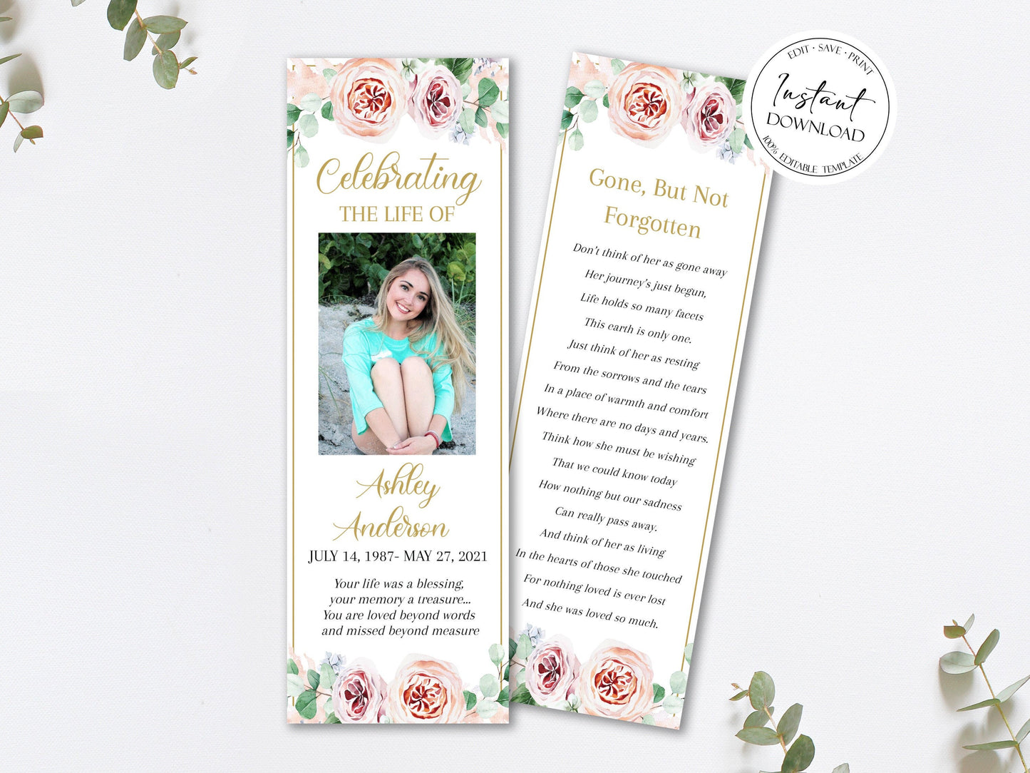 Blush Pink Roses Greenery Funeral Bookmark Template, Celebration of Life Bookmark, Funeral Keepsake Cards, Floral Pink Roses Greenery Memorial Bookmark, Obituary Bookmark F1