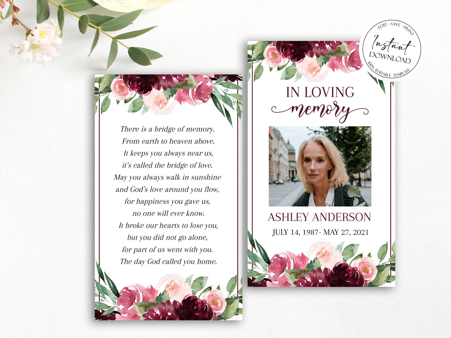 Editable Red Funeral Prayer Card, Printable Memorial Prayer Card, Red Roses Funeral Prayer Card Celebration of life Catholic Prayer Cards R3