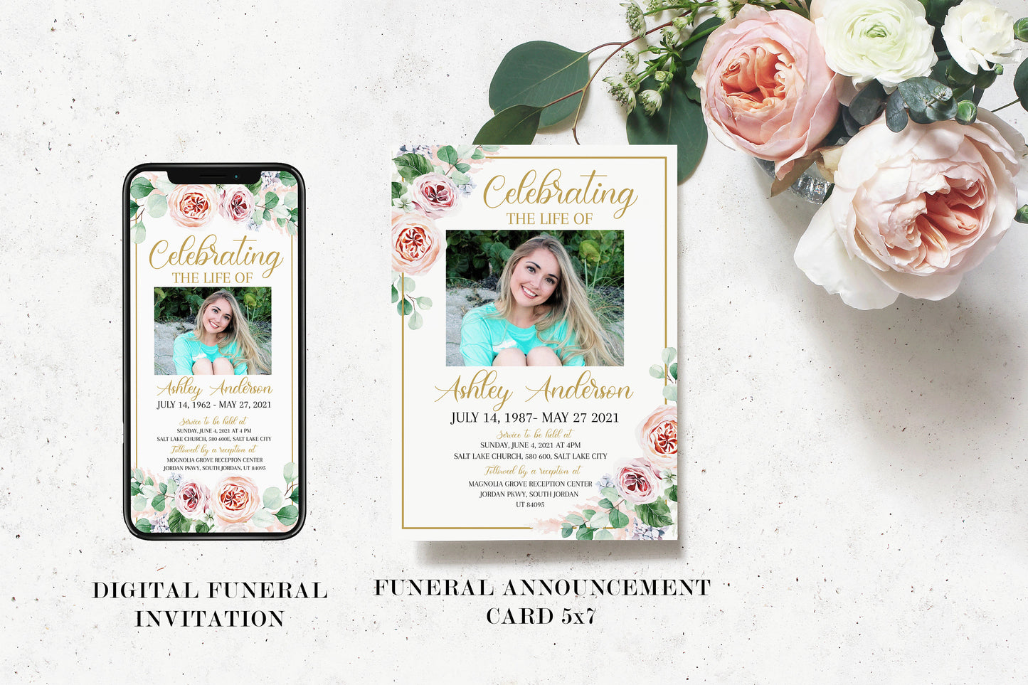Editable Blush Pink Roses Greenery Funeral Bundle, Memorial Package, Celebration of Life Invitation Package, In Loving Memory Suite, Pink Roses Funeral Set F1