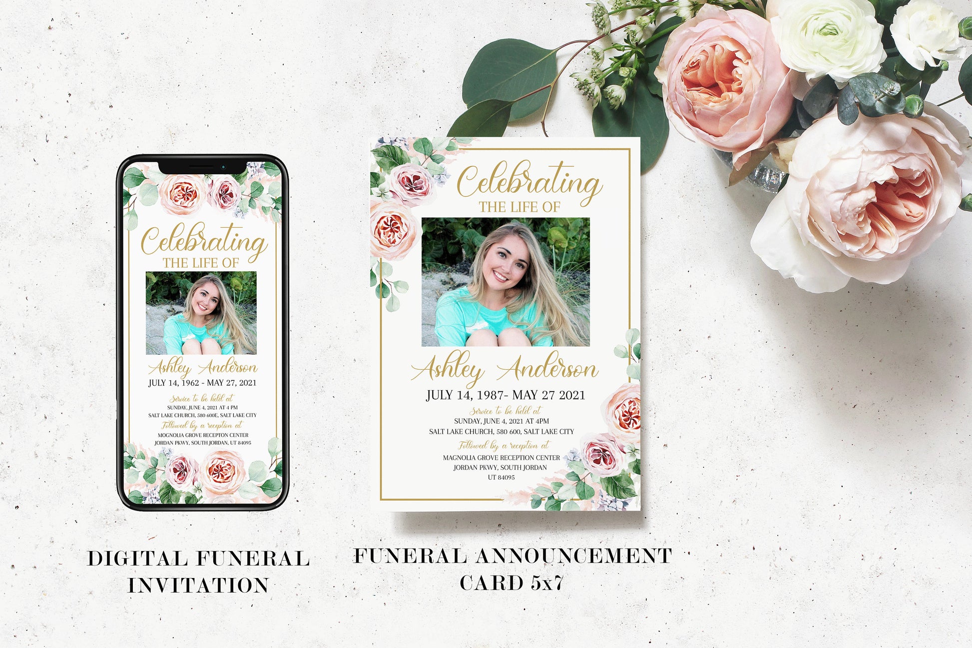 Editable Blush Pink Roses Greenery Funeral Bundle, Memorial Package, Celebration of Life Invitation Package, In Loving Memory Suite, Pink Roses Funeral Set F1