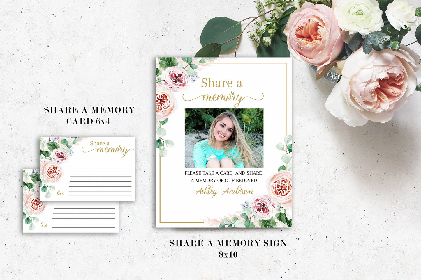 Editable Blush Pink Roses Greenery Funeral Bundle, Memorial Package, Celebration of Life Invitation Package, In Loving Memory Suite, Pink Roses Funeral Set F1