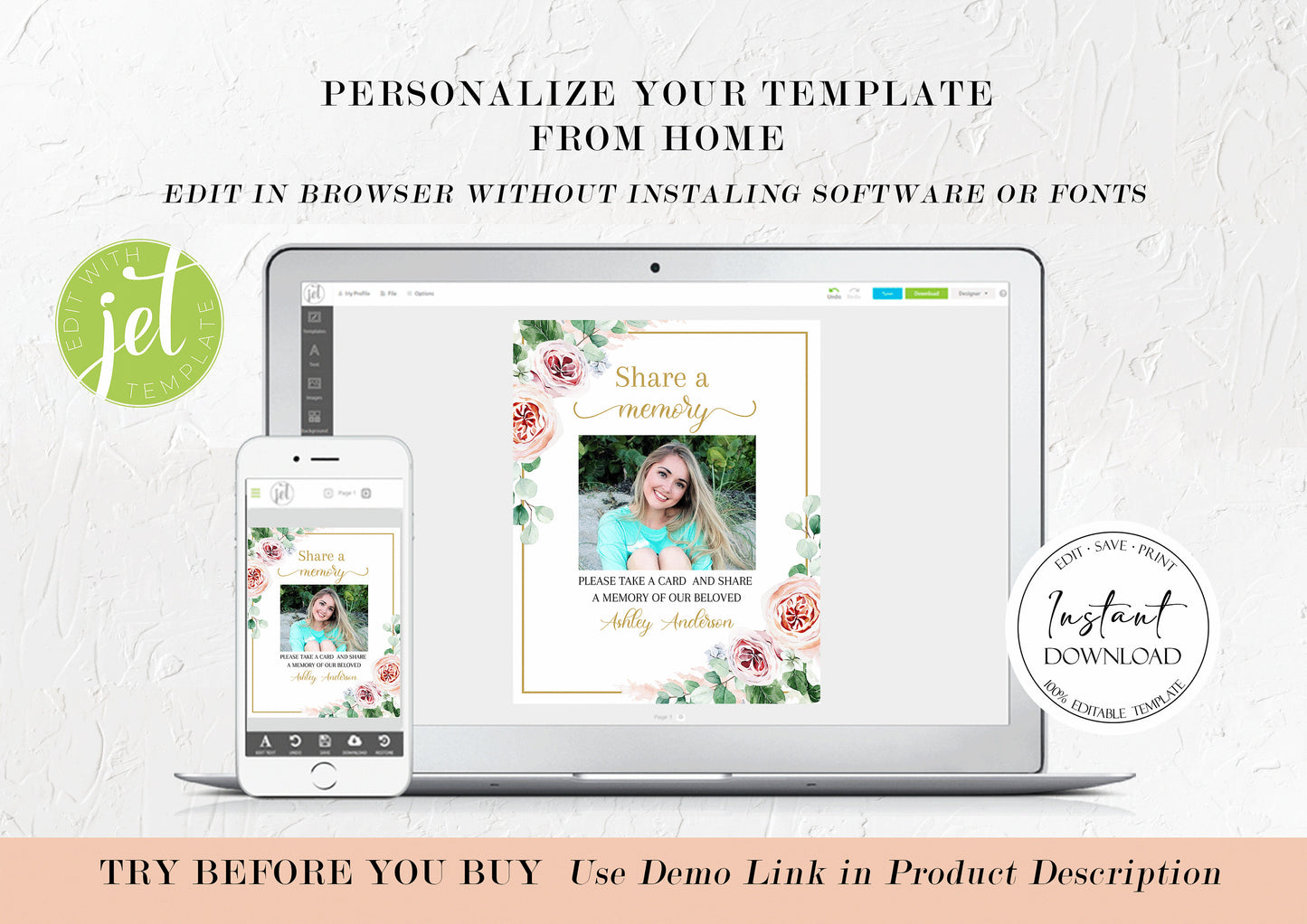 Blush Pink Roses Greenery Share a Memory Funeral Sign Share a Memory Card Template F1