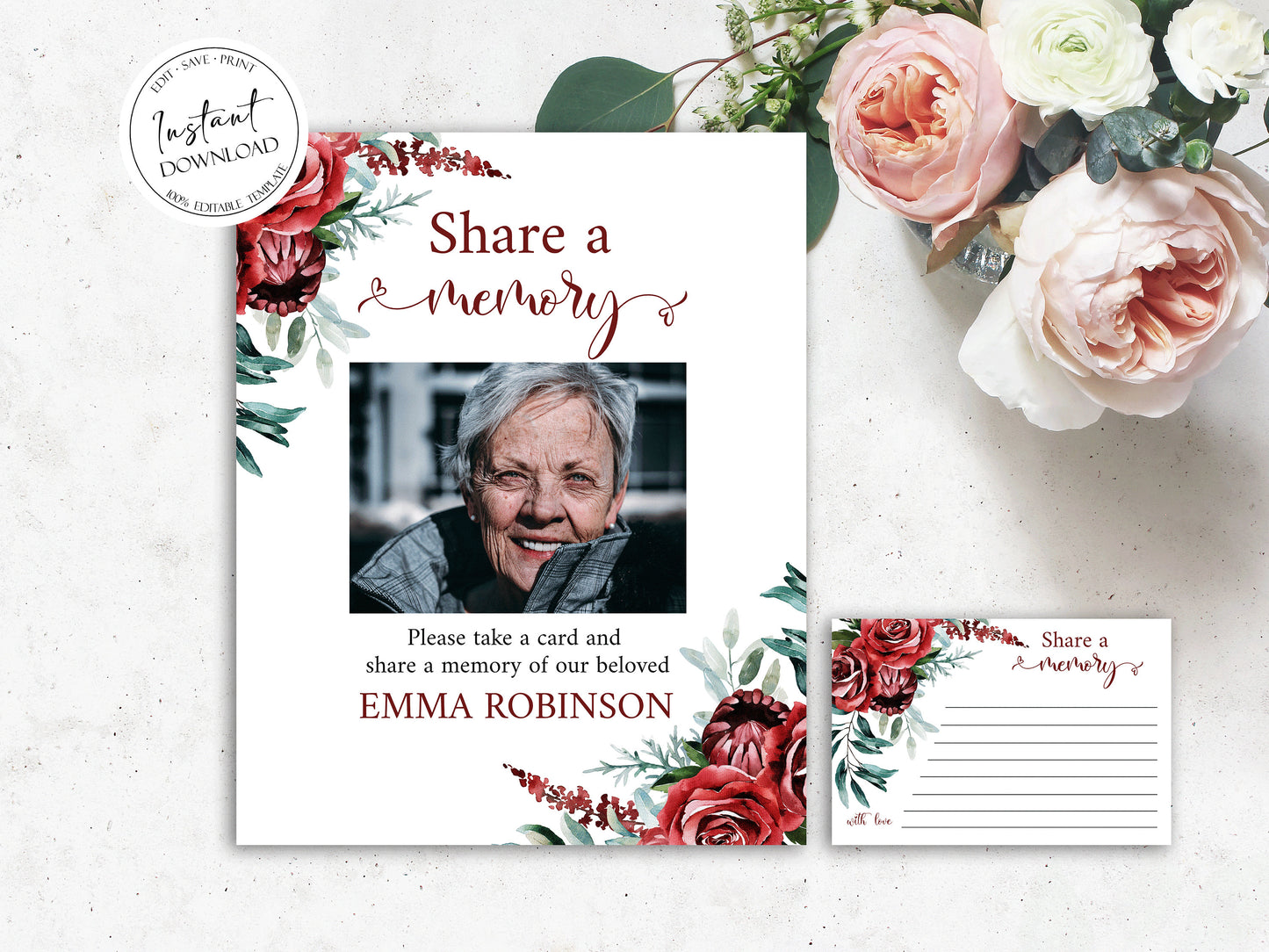 Burgundy Red Roses Share a Memory Funeral Sign Share a Memory Card Template R2