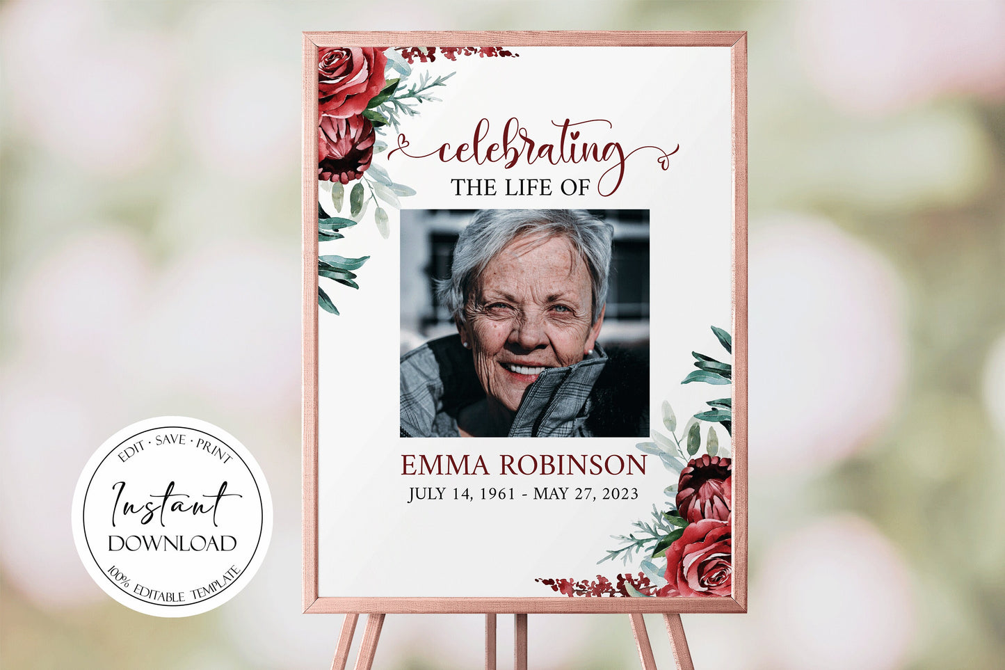 Celebration Of Life Welcome Sign, Red Roses Funeral Welcome Sign, In Loving Memory, Burgundy Memorial Sign Editable Burgundy Funeral Sign R2