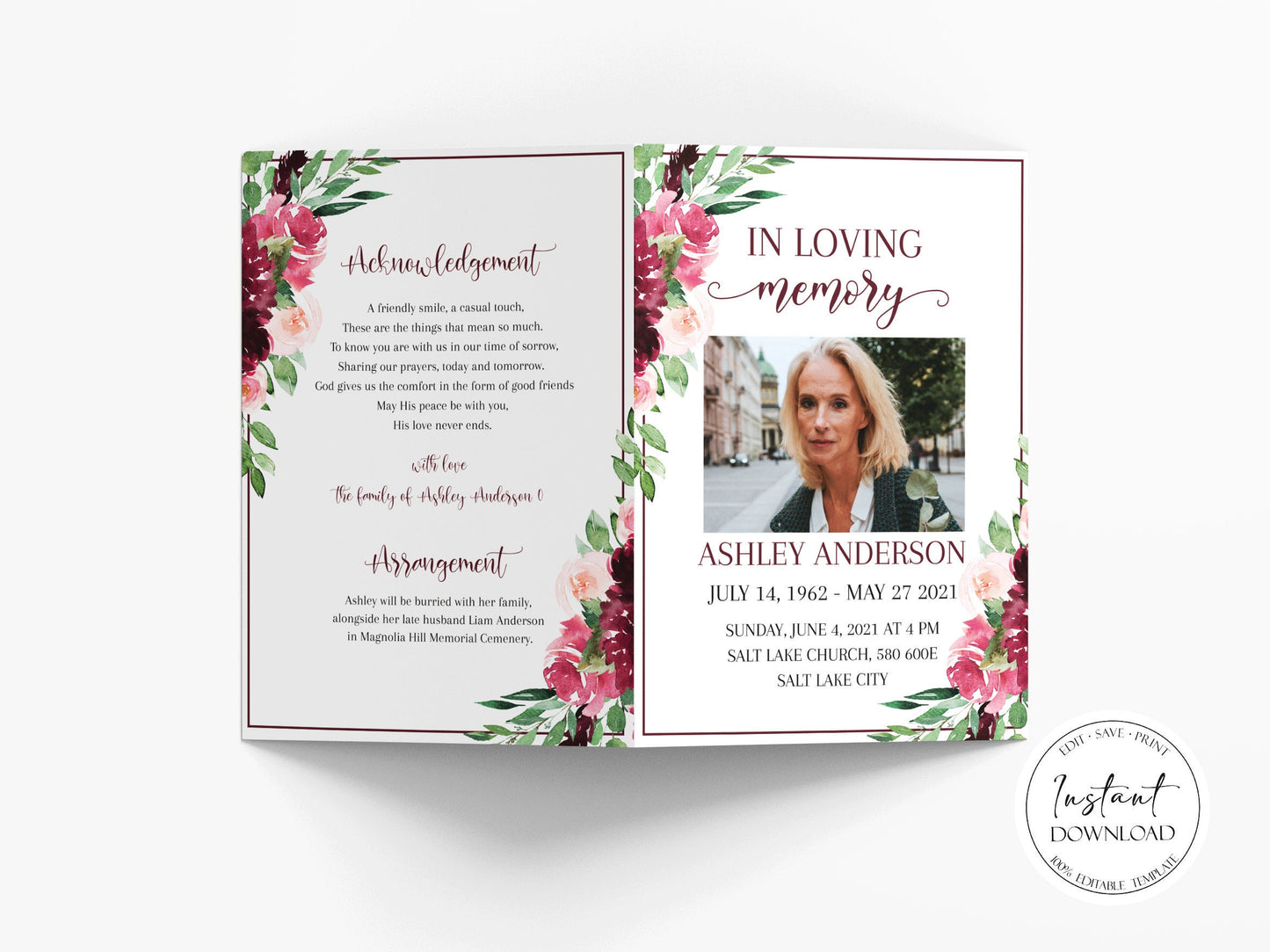 Celebration of life Burgundy Funeral Program Template, Red Roses Funeral Program Template, Red Floral Memorial Program, Obituary Program R3