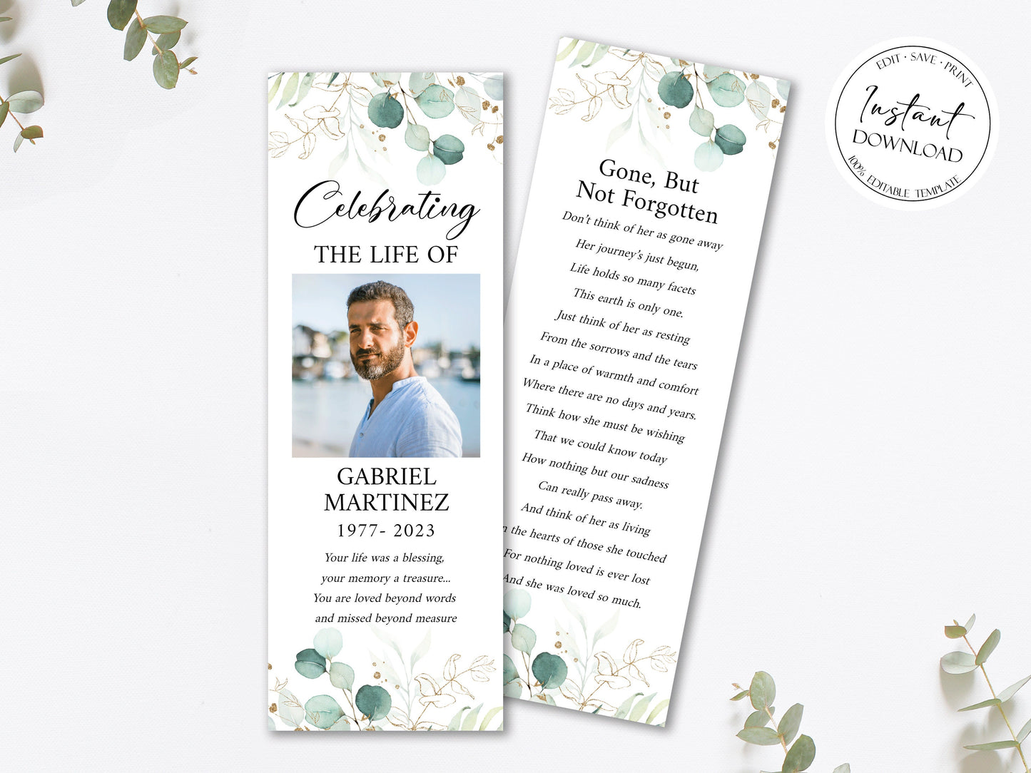 Celebration of Life Watercolor Greenery Gold Funeral Bookmark Template, Funeral Keepsake Cards, Greenery Memorial Bookmark, Obituary Bookmark G1