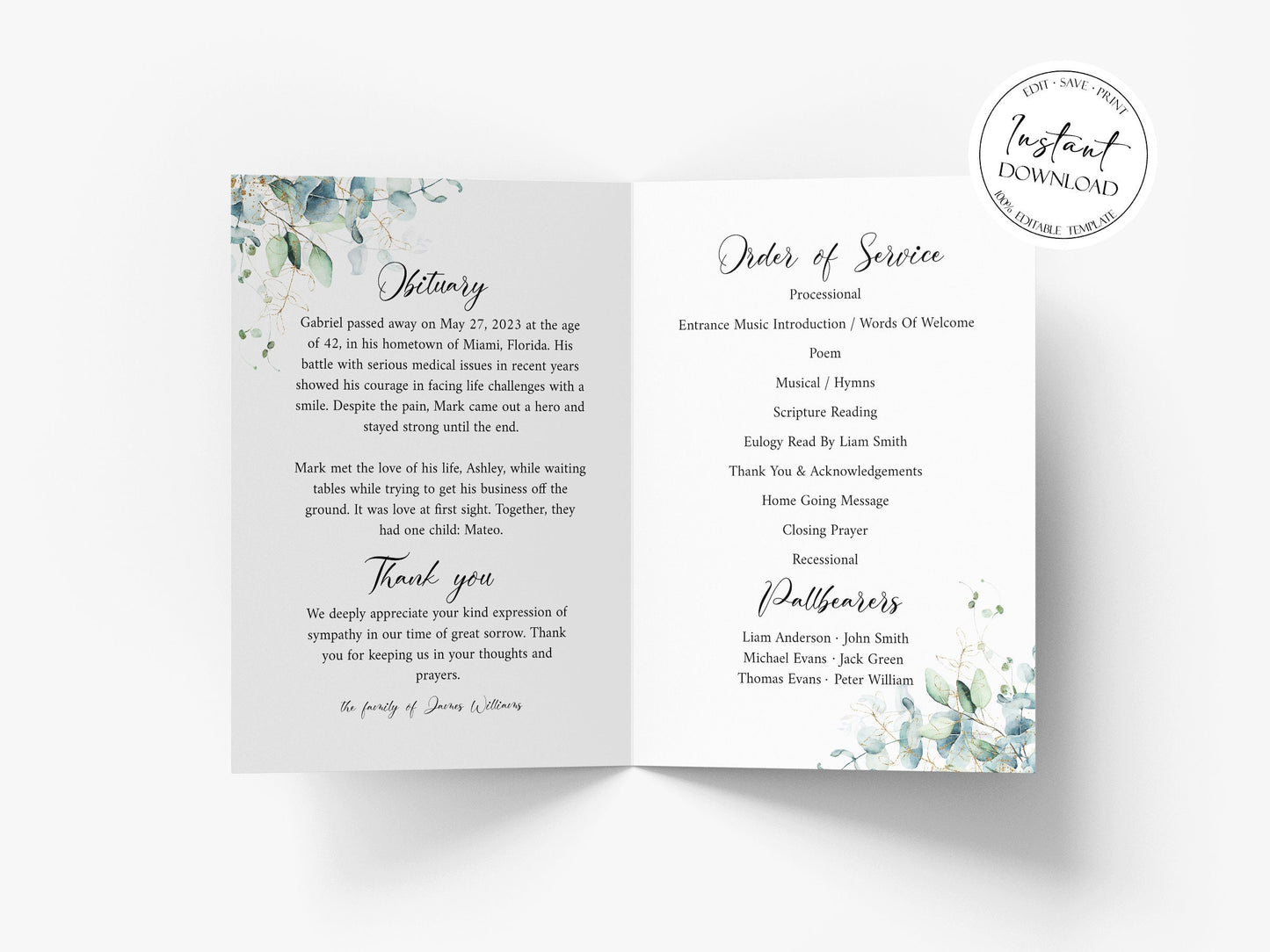 Celebration of Life Watercolor Greenery Gold Funeral Program Template. Funeral Brochure, Editable Greenery Memorial Program, Greenery Obituary Program G1