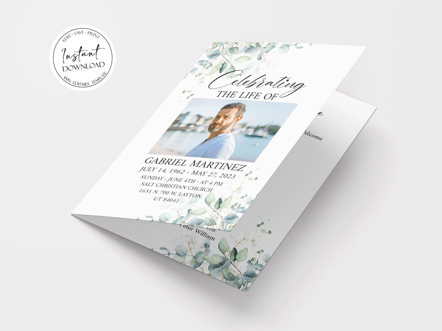 Celebration of Life Watercolor Greenery Gold Funeral Program Template. Funeral Brochure, Editable Greenery Memorial Program, Greenery Obituary Program G1