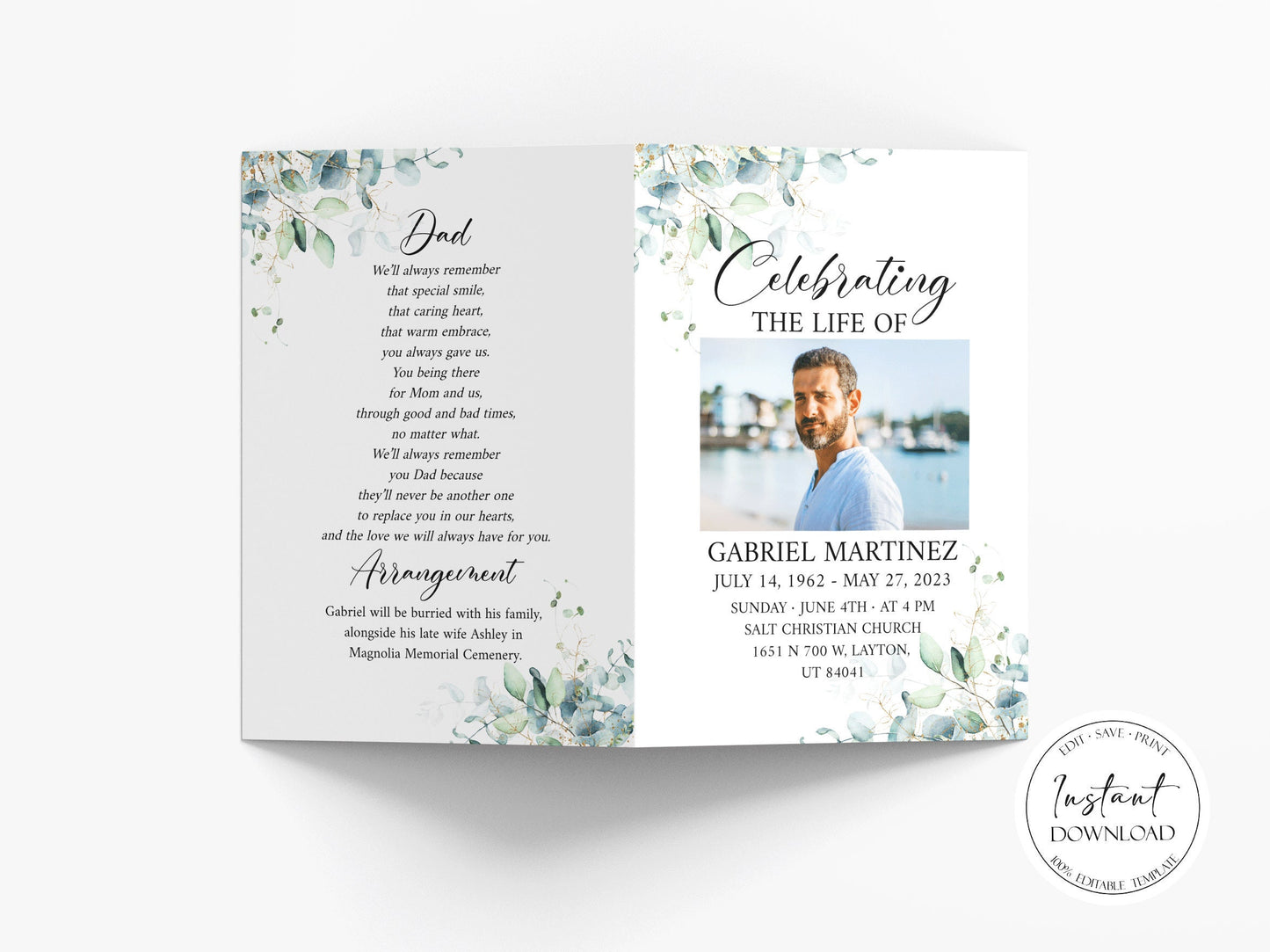 Celebration of Life Watercolor Greenery Gold Funeral Program Template. Funeral Brochure, Editable Greenery Memorial Program, Greenery Obituary Program G1