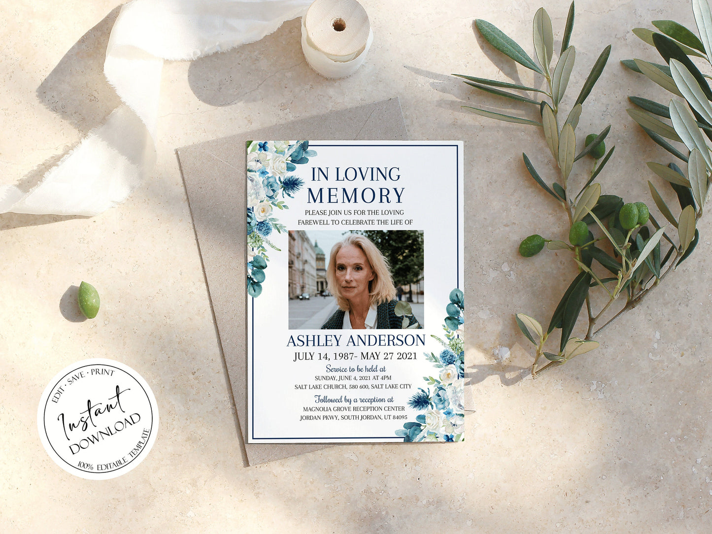 In Loving Memory Blue White Floral Funeral Invitation Template Blue Floral Funeral Announcement, Blue Funeral Card Template, Printable Memorial Service B1