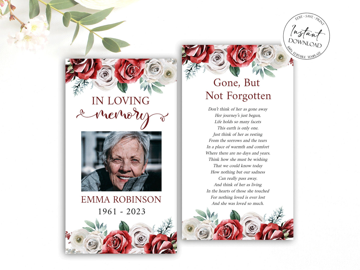 Burgundy Funeral Prayer Cards, Printable Red Roses Memorial Prayer Card Template, Red Roses Funeral Prayer Card, Catholic Prayer Cards, R2