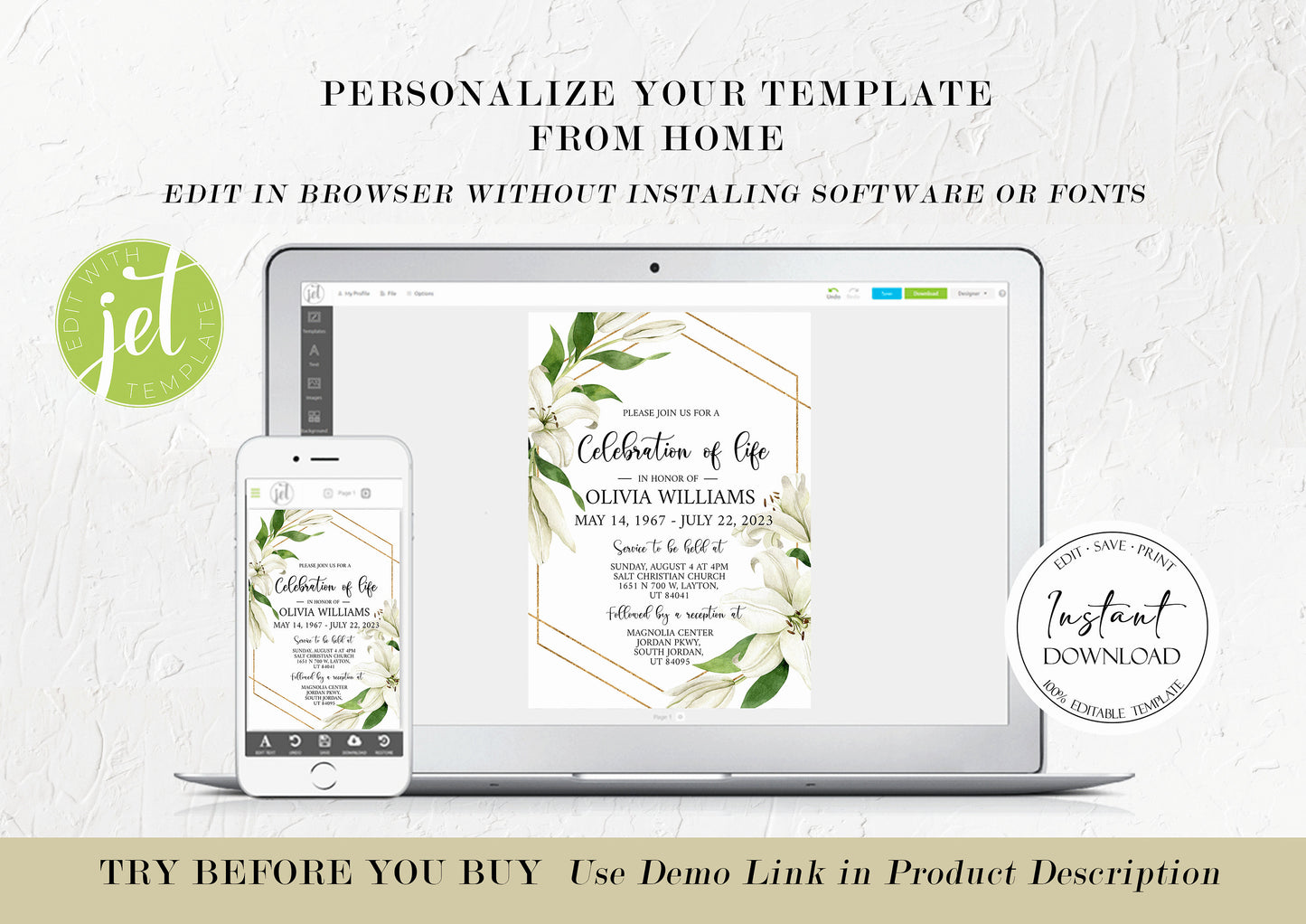 Celebration of life White Lilies Greenery Gold Funeral Invitation Template, White Lilies Funeral Announcement, Funeral Card Template, White Lilies Memorial Service Invitation