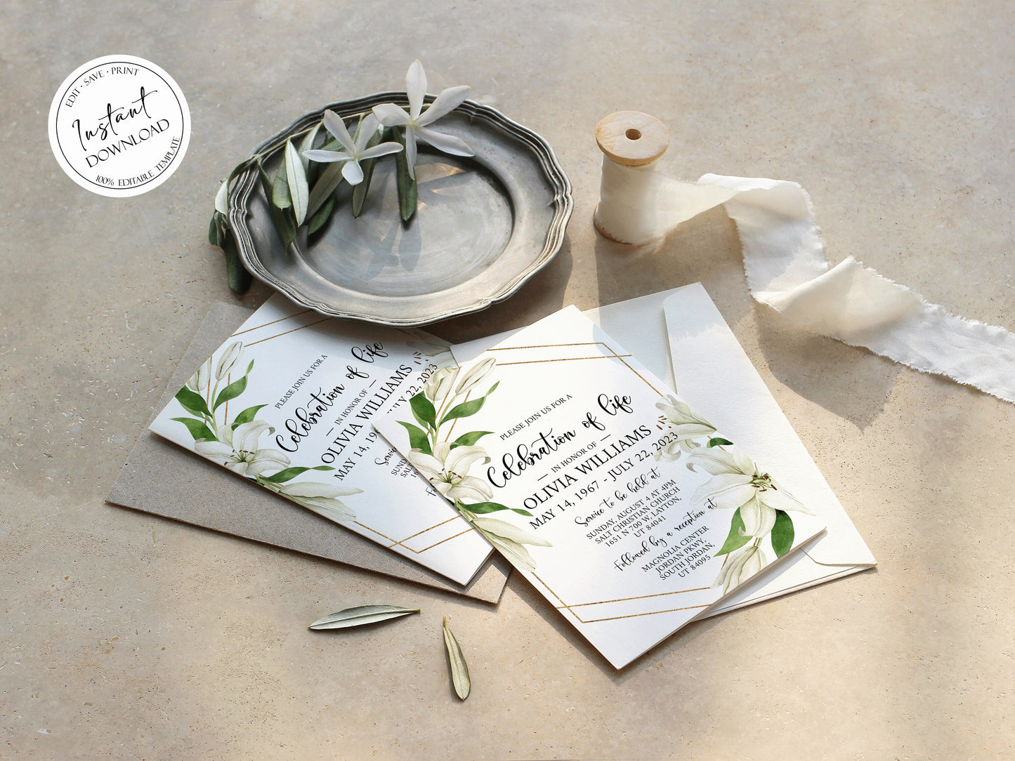 Celebration of life White Lilies Greenery Gold Funeral Invitation Template, White Lilies Funeral Announcement, Funeral Card Template, White Lilies Memorial Service Invitation