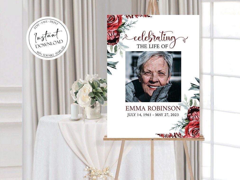 Celebration Of Life Welcome Sign, Red Roses Funeral Welcome Sign, In Loving Memory, Burgundy Memorial Sign Editable Burgundy Funeral Sign R2