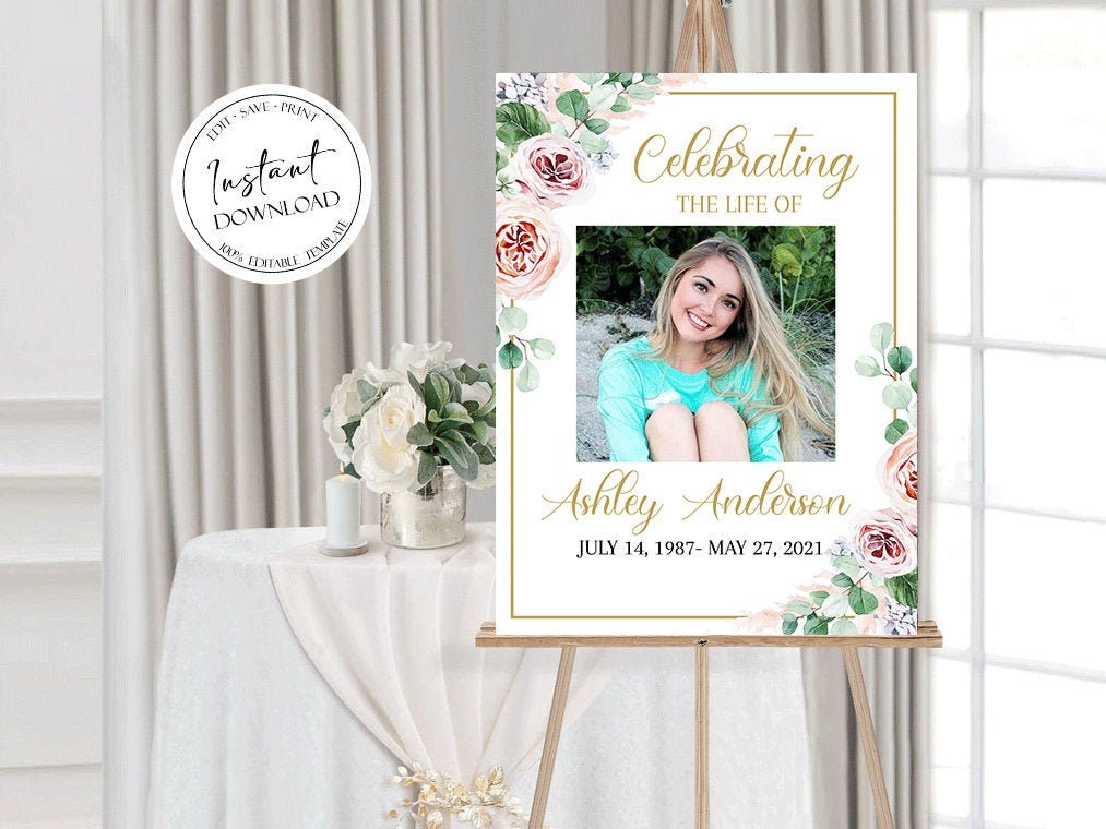 Celebration Of Life Blush Pink Roses Greenery Funeral Welcome Sign Template F1