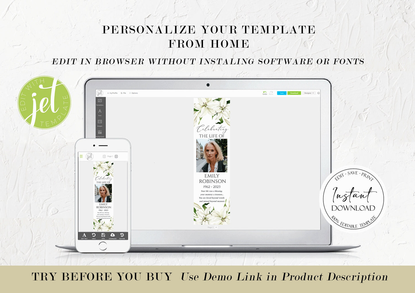Celebration of Life White Lilies Greenery Gold Funeral Bookmark Template, Funeral Keepsake Cards, White Lilies Memorial Bookmark, Obituary Bookmark