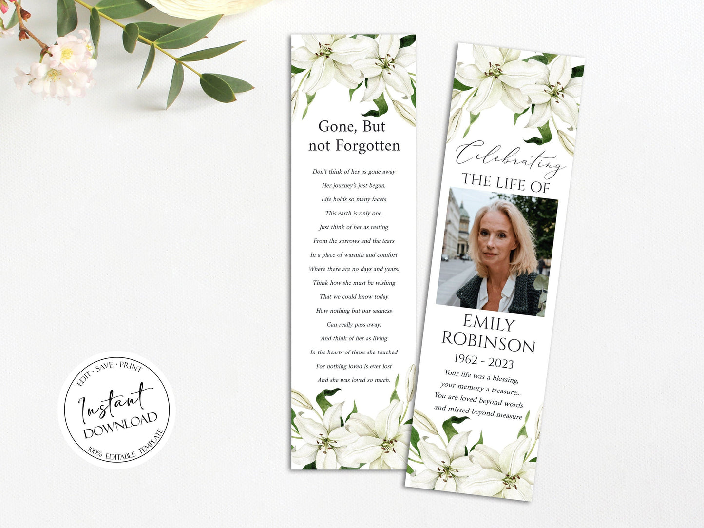 Celebration of Life White Lilies Greenery Gold Funeral Bookmark Template, Funeral Keepsake Cards, White Lilies Memorial Bookmark, Obituary Bookmark
