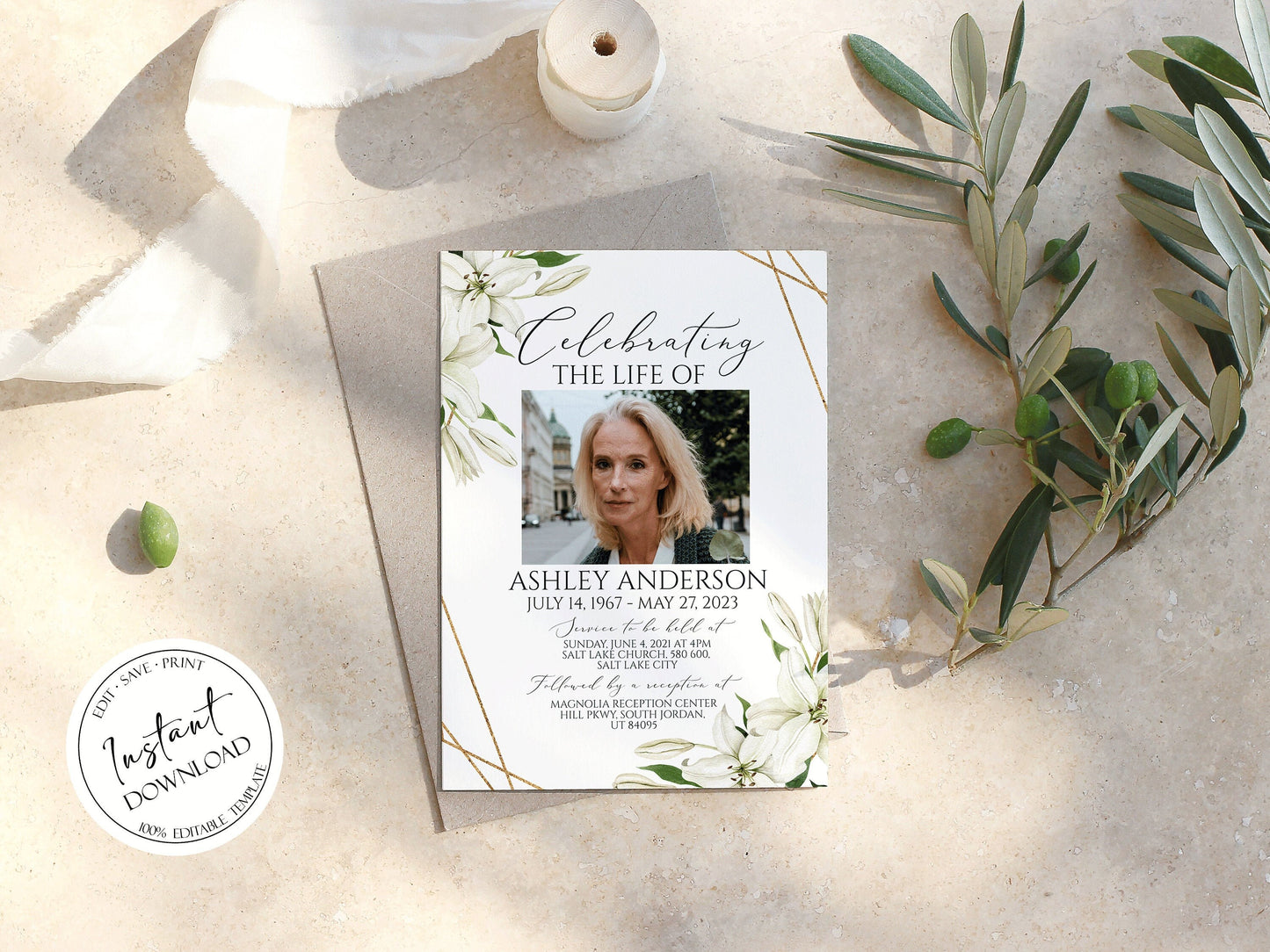 Celebration of life White Lilies Greenery Gold Funeral Invitation Template, White Lilies Funeral Announcement, Funeral Card Template, White Lilies Memorial Service Invitation