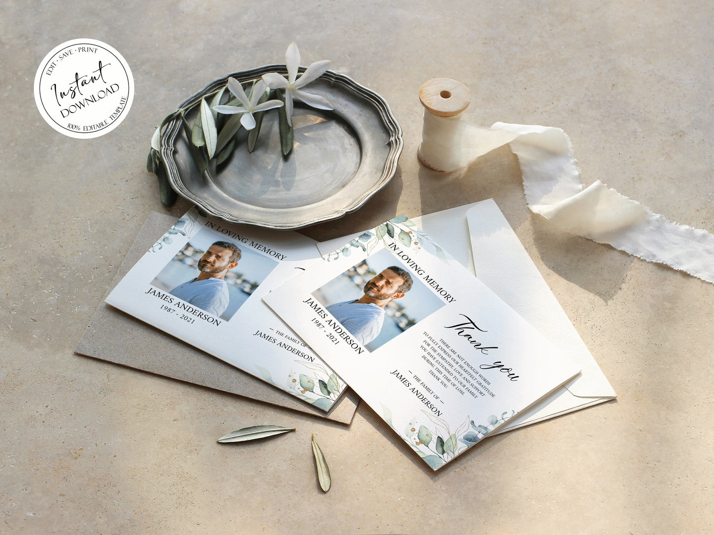 Celebration of life Watercolor Greenery Gold Funeral Photo Thank You Card Template Greenery Memorial Thank you, Printable Thank You Cards, Sympathy Card, Condolence Thank You Card G1