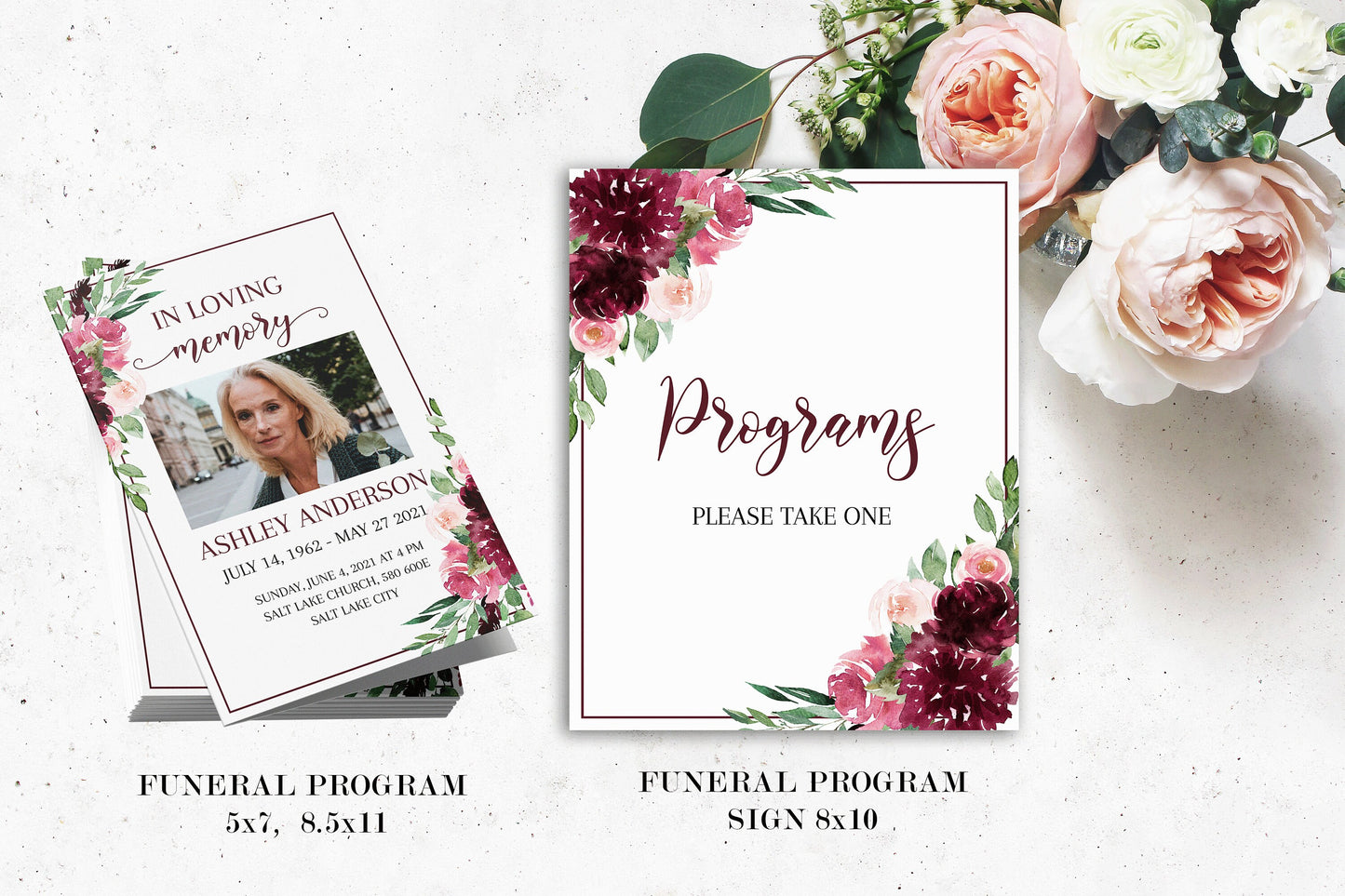 Editable Red Roses Funeral Bundle, Red Memorial Package, Celebration of Life Package, In Loving Memory Suite, Red Floral Funeral Bundle R3