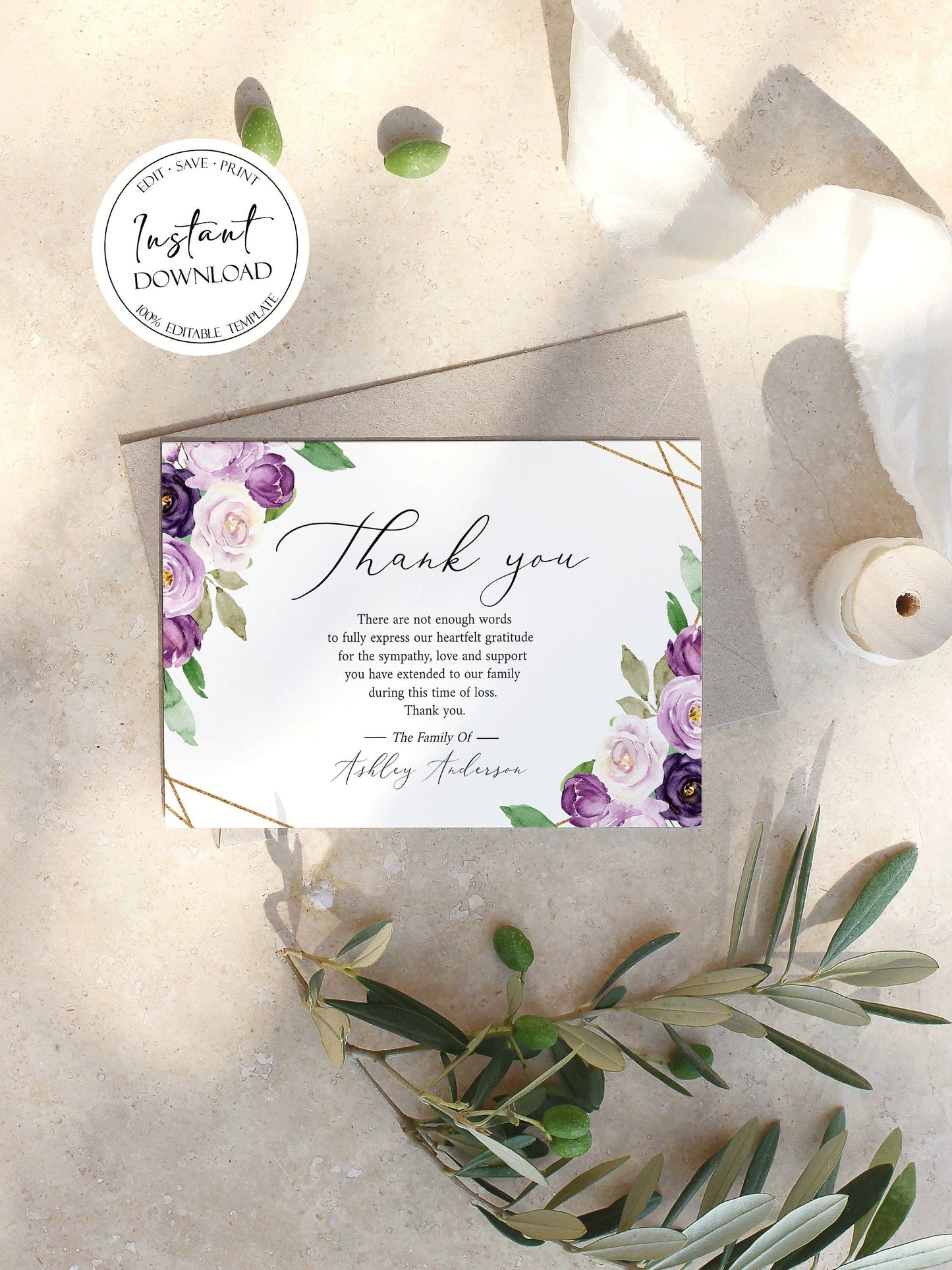 Funeral thank you, Celebration of life, Funeral Thank You Photo, Memorial Card, Printable Thank You Card Template, Editable Sympathy Card, P1