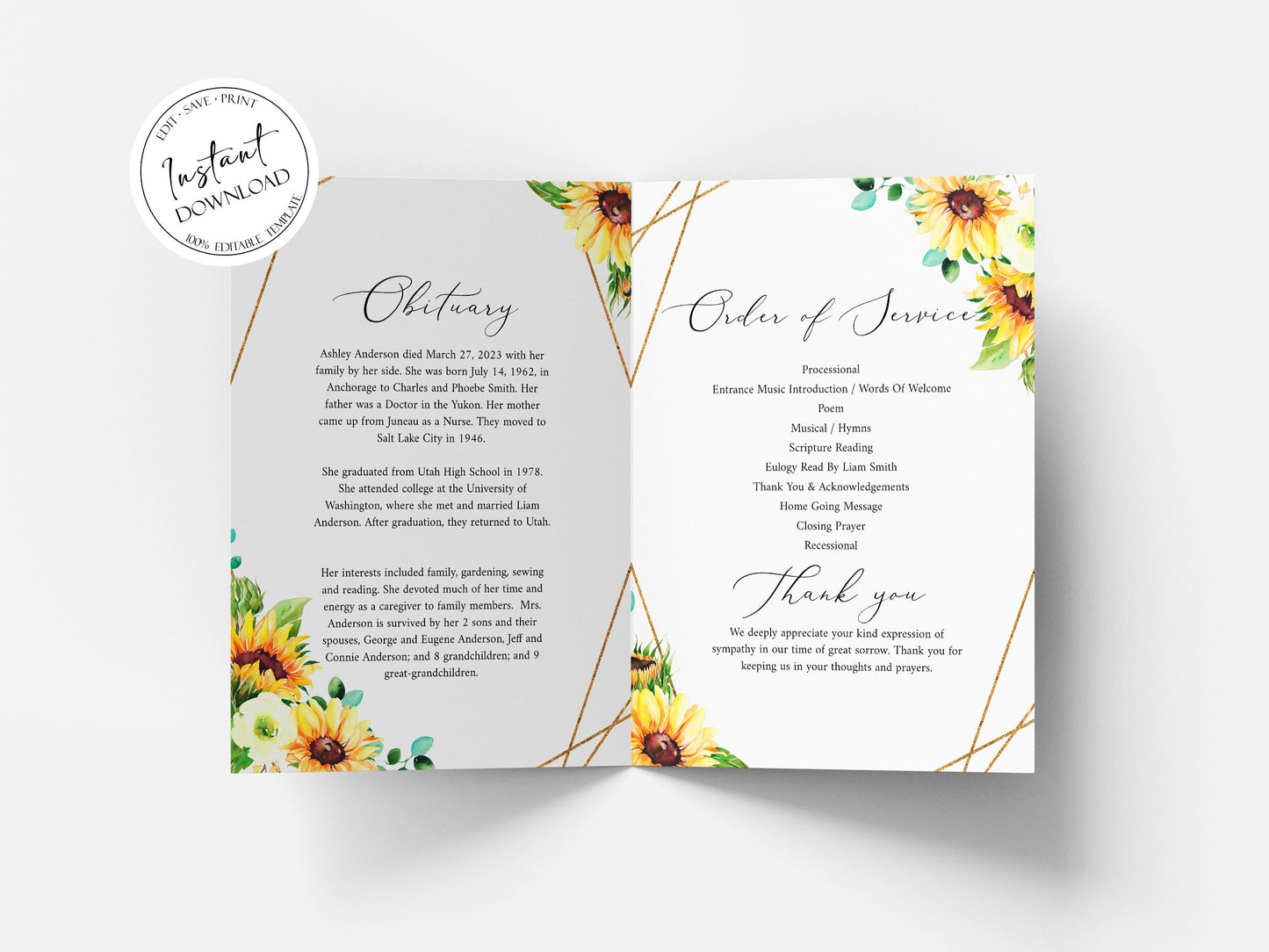 11x17 Celebration of Life Sunflower Funeral Program Template, Sunflower Funeral Program, Yellow Flowers Memorial Program, Sunflower Obituary Program Funeral Mass Program