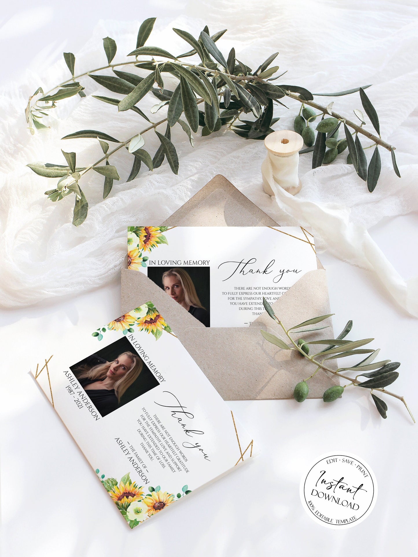 Celebration of life Sunflower Photo Funeral Thank you Card Template, Editable Sunflower Sympathy Thank you Card, Printable Memorial Thank You Card Template