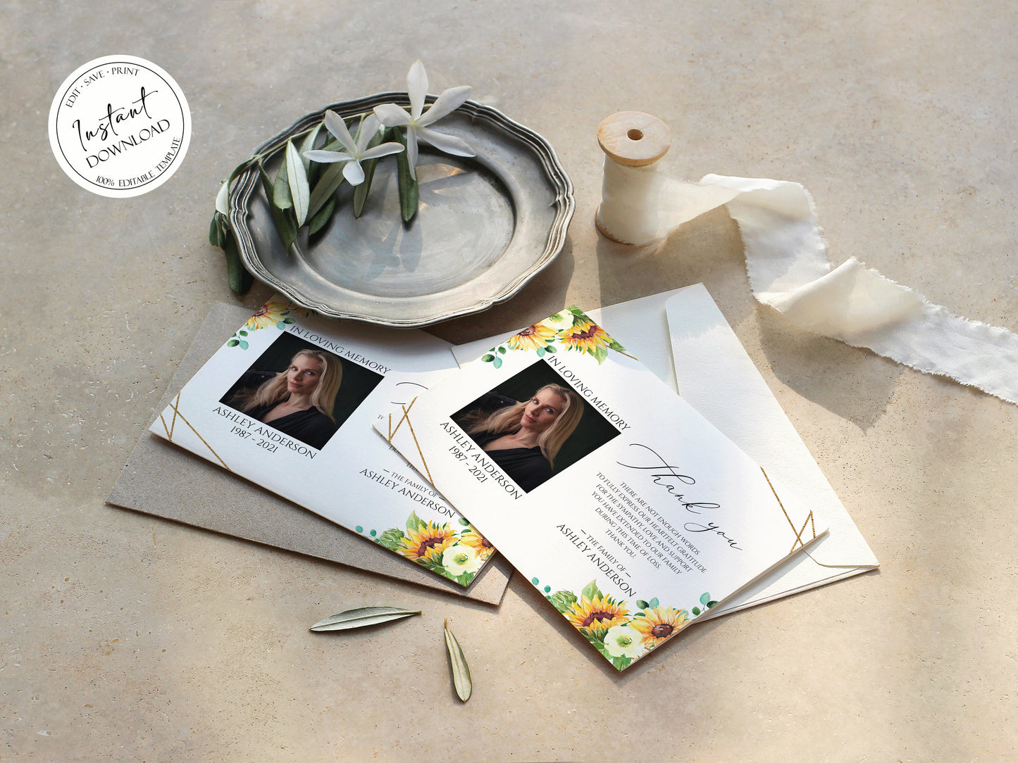 Celebration of life Sunflower Photo Funeral Thank you Card Template, Editable Sunflower Sympathy Thank you Card, Printable Memorial Thank You Card Template
