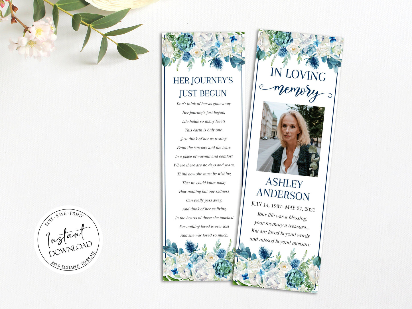 In Loving Memory Blue White Floral Funeral Bookmark Template, Blue White Funeral Bookmark, Memorial Bookmark, Obituary Bookmark, Funeral Memory Bookmark B1