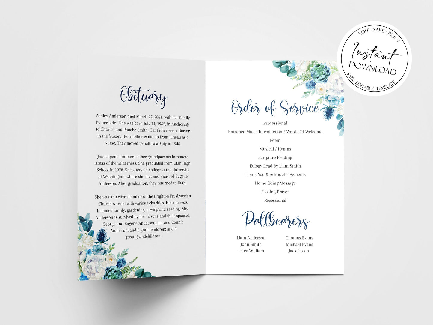 In Loving Memory Blue White Floral Funeral Program Template, Blue White Floral Funeral Brochure Template, Memorial Program, Obituary Program, Funeral Mass Program B1