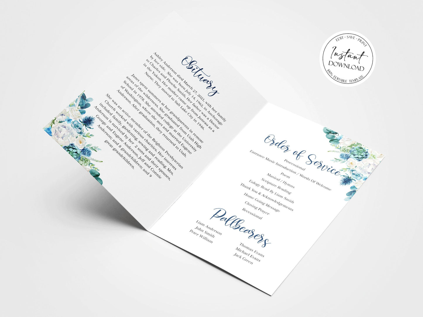 In Loving Memory Blue White Floral Funeral Program Template, Blue White Floral Funeral Brochure Template, Memorial Program, Obituary Program, Funeral Mass Program B1