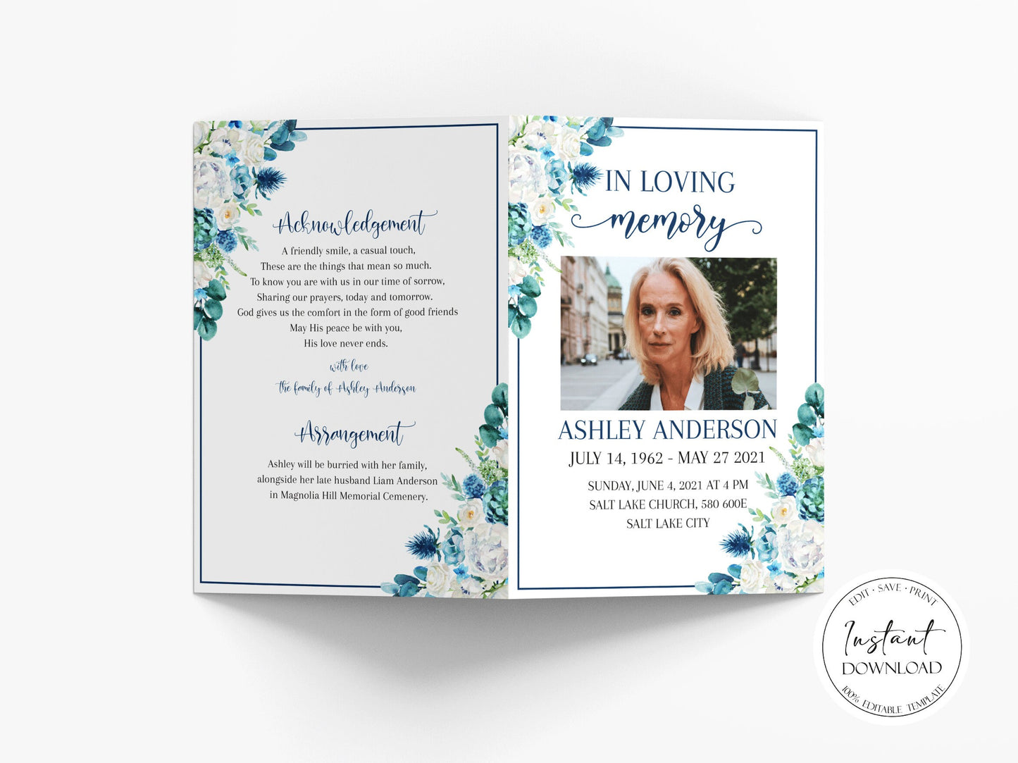 In Loving Memory Blue White Floral Funeral Program Template, Blue White Floral Funeral Brochure Template, Memorial Program, Obituary Program, Funeral Mass Program B1