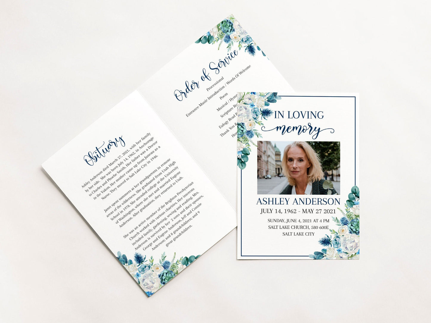 In Loving Memory Blue White Floral Funeral Program Template, Blue White Floral Funeral Brochure Template, Memorial Program, Obituary Program, Funeral Mass Program B1