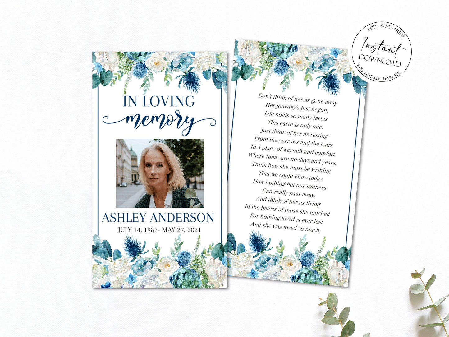 In Loving Memory Blue White Floral Funeral Prayer Card Template, Printable Memorial Prayer Card Template, Blue White Floral Funeral Prayer Card B1