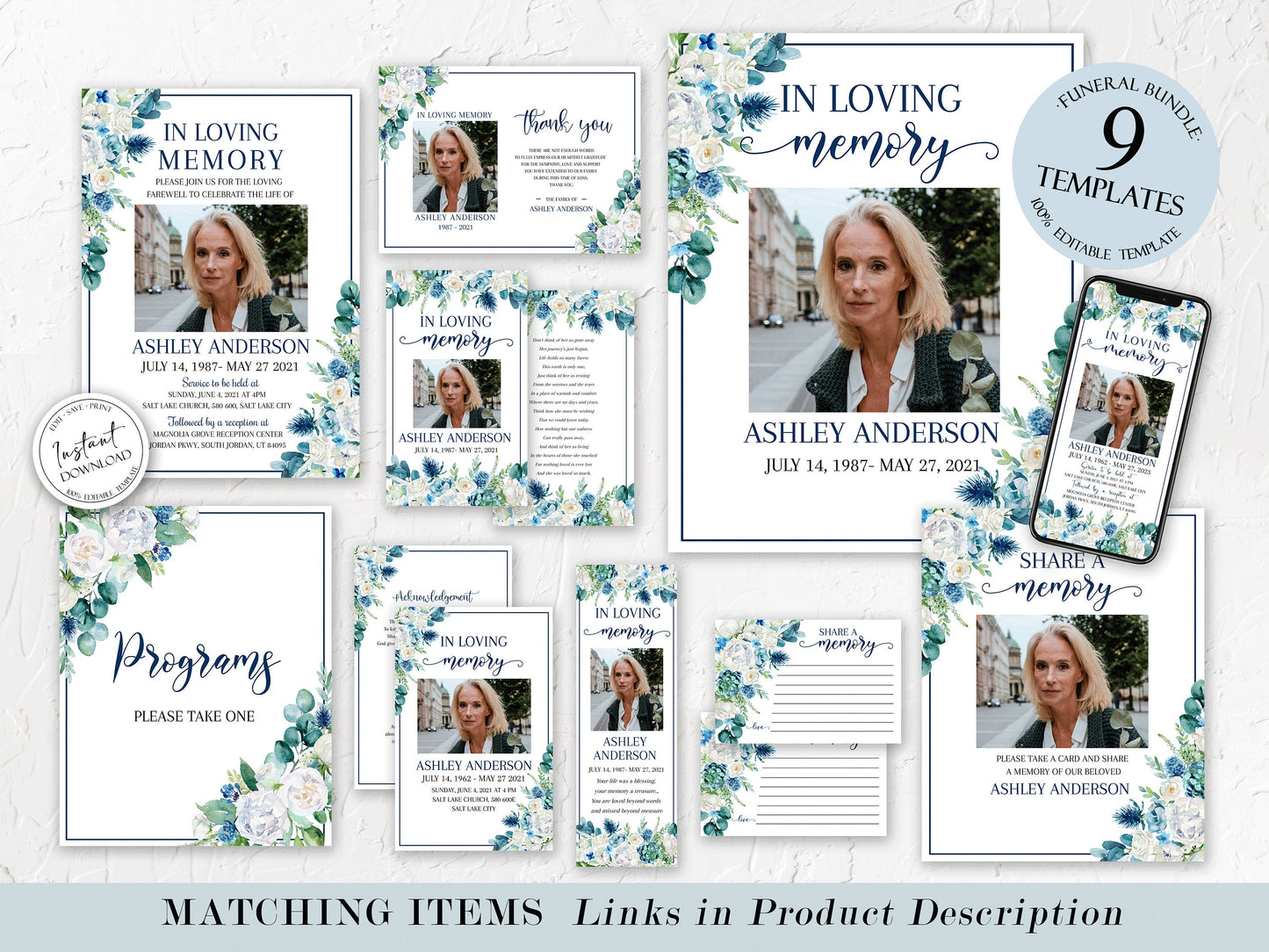 In Loving Memory Blue White Floral Funeral Invitation Template Blue Floral Funeral Announcement, Blue Funeral Card Template, Printable Memorial Service B1