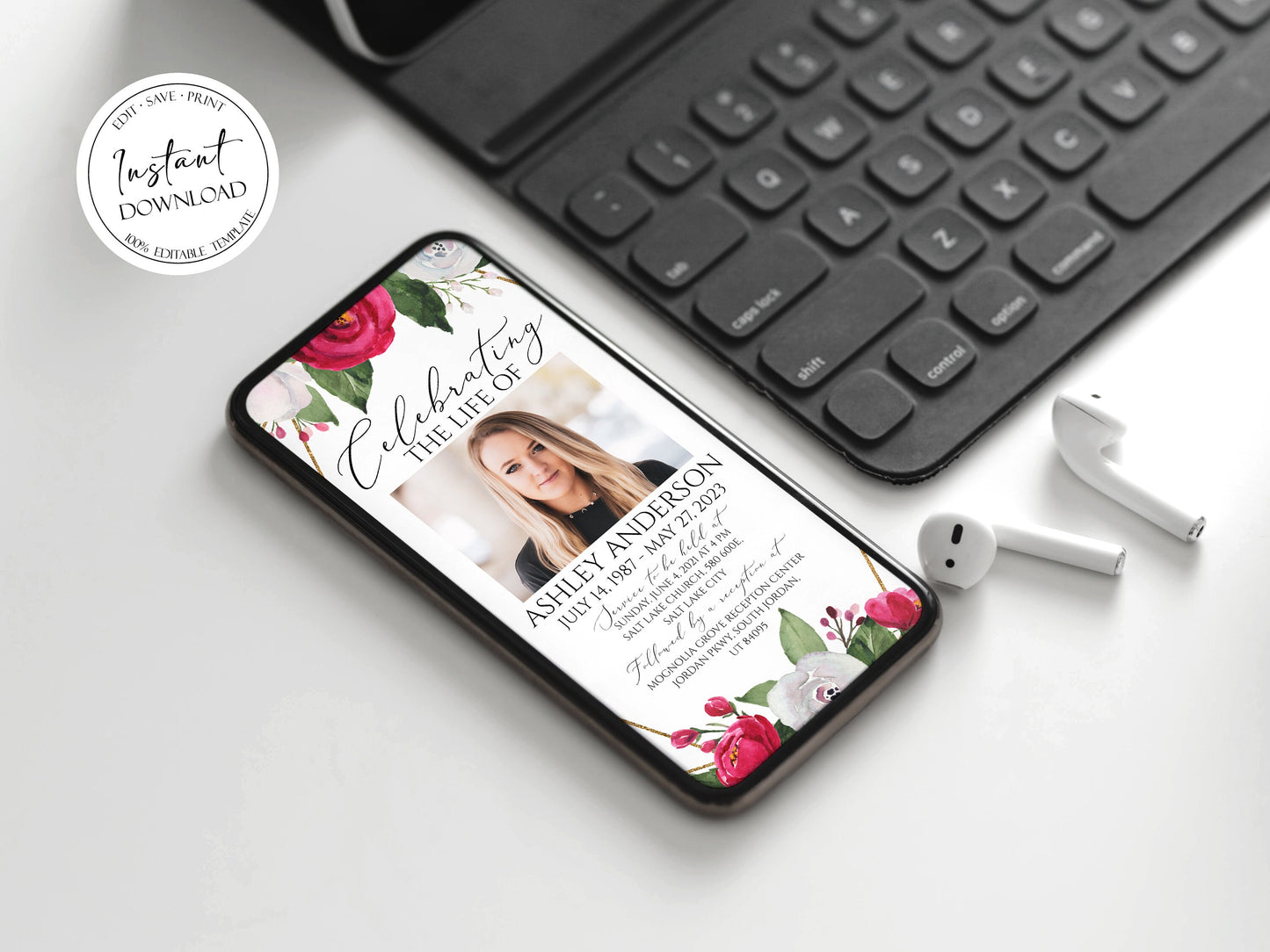 Digital Funeral Invitation, White Pink Roses Funeral, Roses Memorial Evite, Electronic Funeral Invite for women, Memorial Service Invite P2