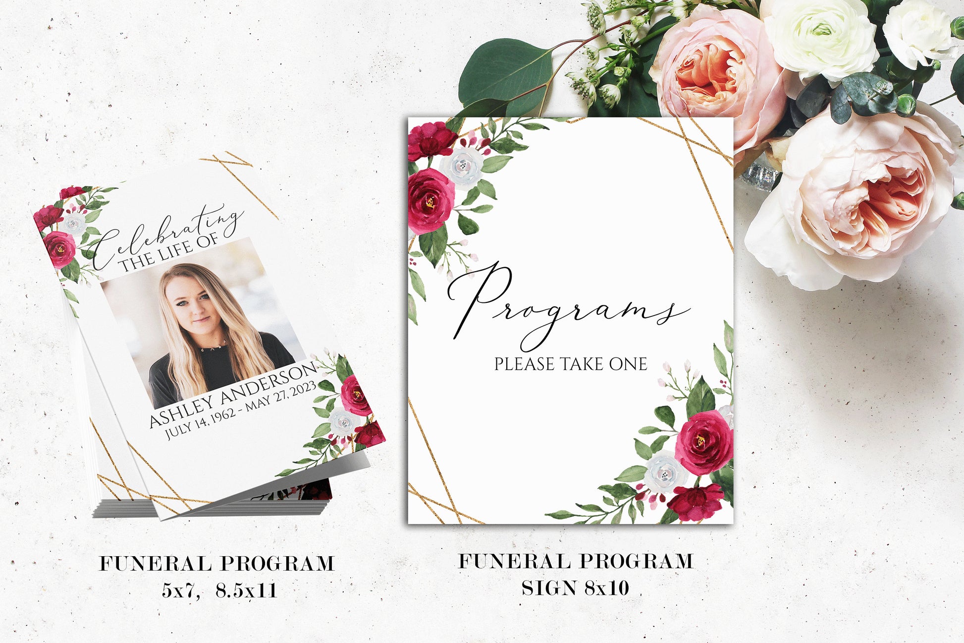 Editable White Pink Roses Funeral Bundle, Memorial Package, Celebration of Life Package In Loving Memory Suite Funeral Bundle Funeral Set P2