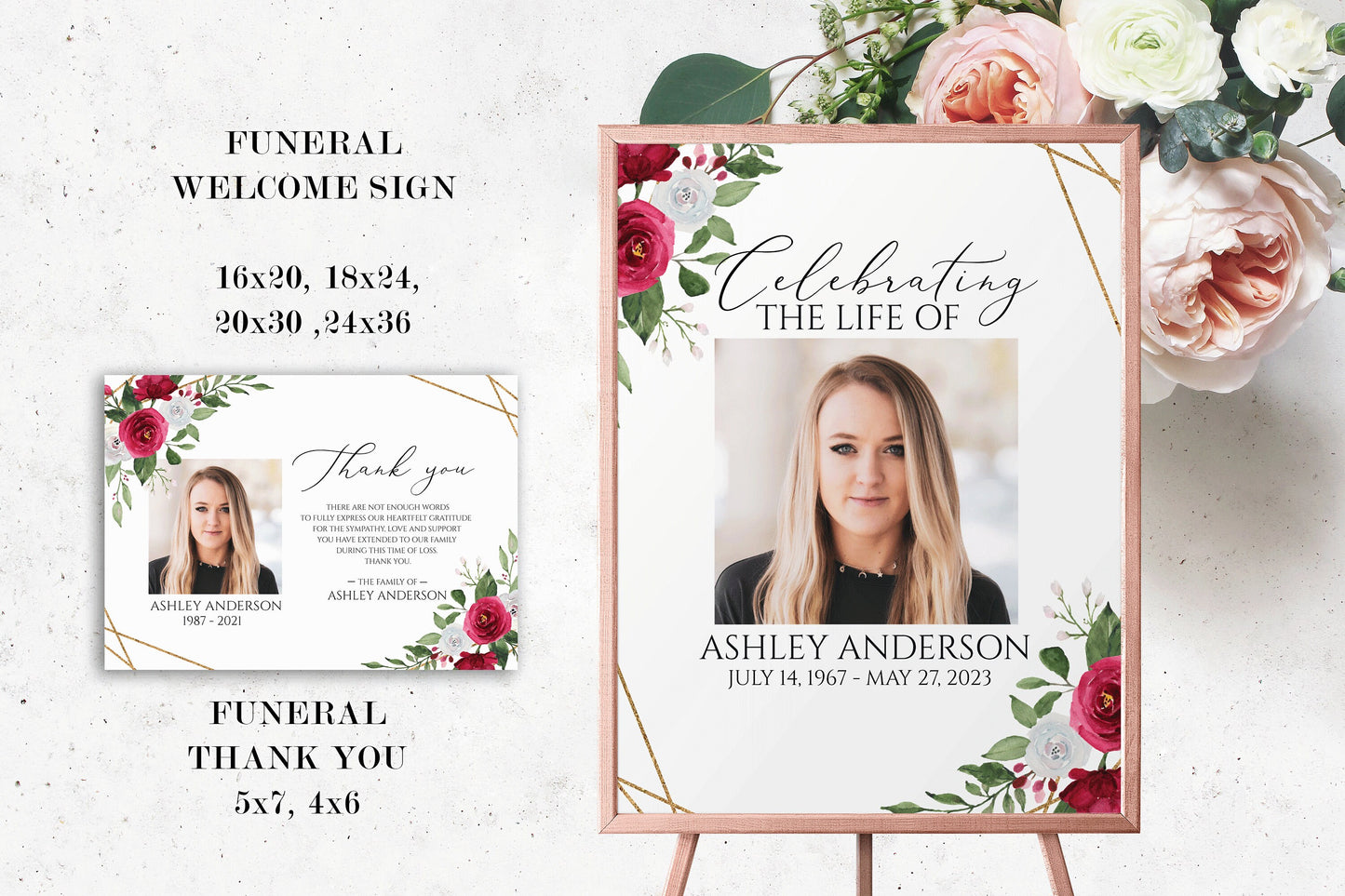 Editable White Pink Roses Funeral Bundle, Memorial Package, Celebration of Life Package In Loving Memory Suite Funeral Bundle Funeral Set P2