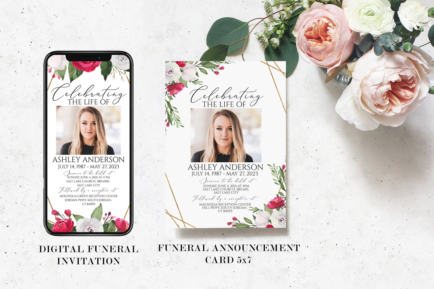 Editable White Pink Roses Funeral Bundle, Memorial Package, Celebration of Life Package In Loving Memory Suite Funeral Bundle Funeral Set P2