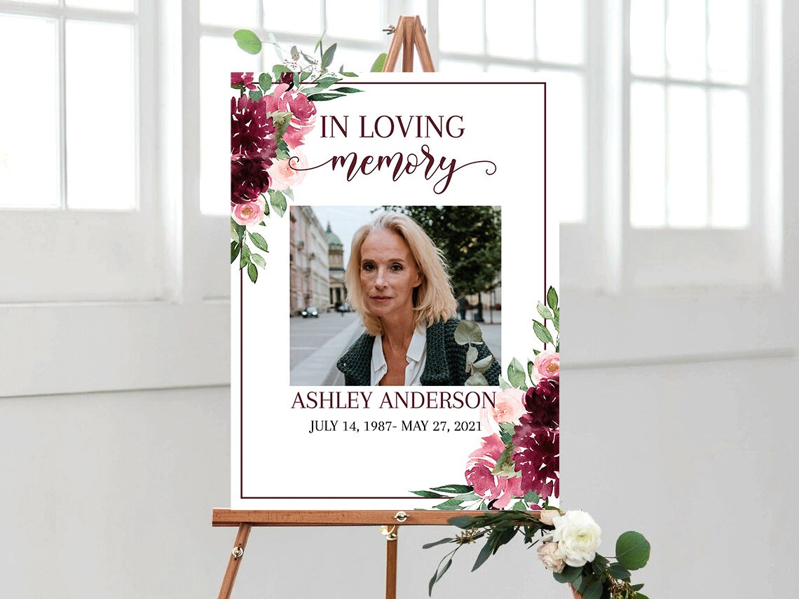 Red Roses Funeral Welcome Sign, Celebration Of Life, In Loving Memory, Red Roses Memorial Sign, Editable Red Funeral Sign, Burgundy Funeral R3