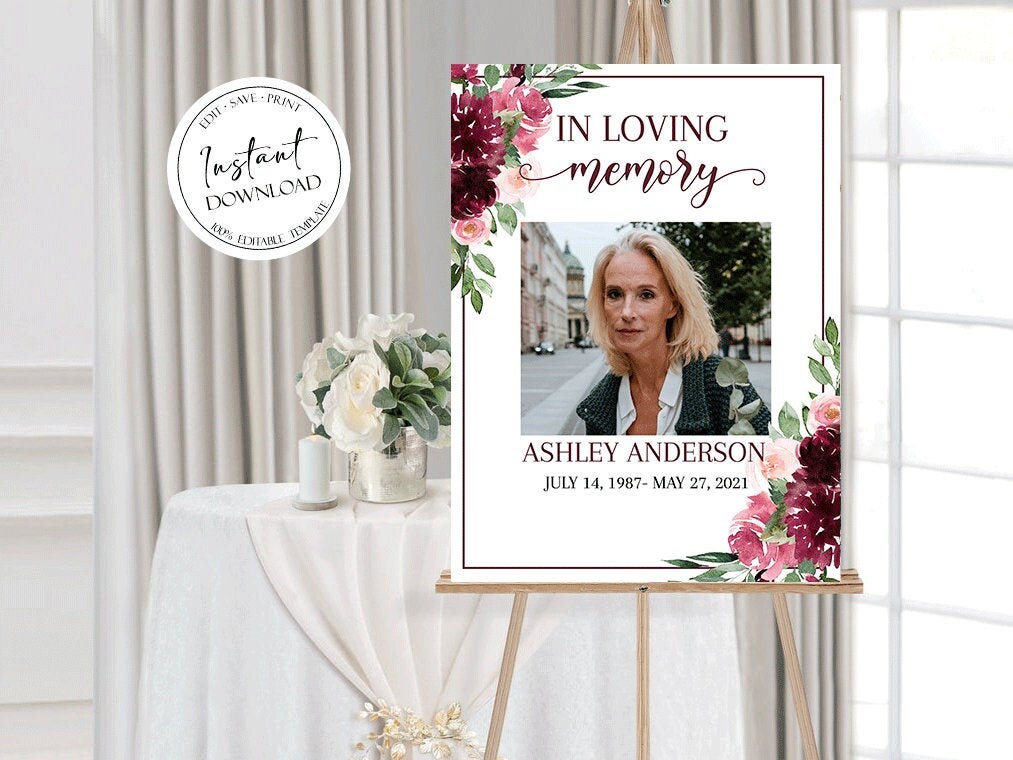 Red Roses Funeral Welcome Sign, Celebration Of Life, In Loving Memory, Red Roses Memorial Sign, Editable Red Funeral Sign, Burgundy Funeral R3