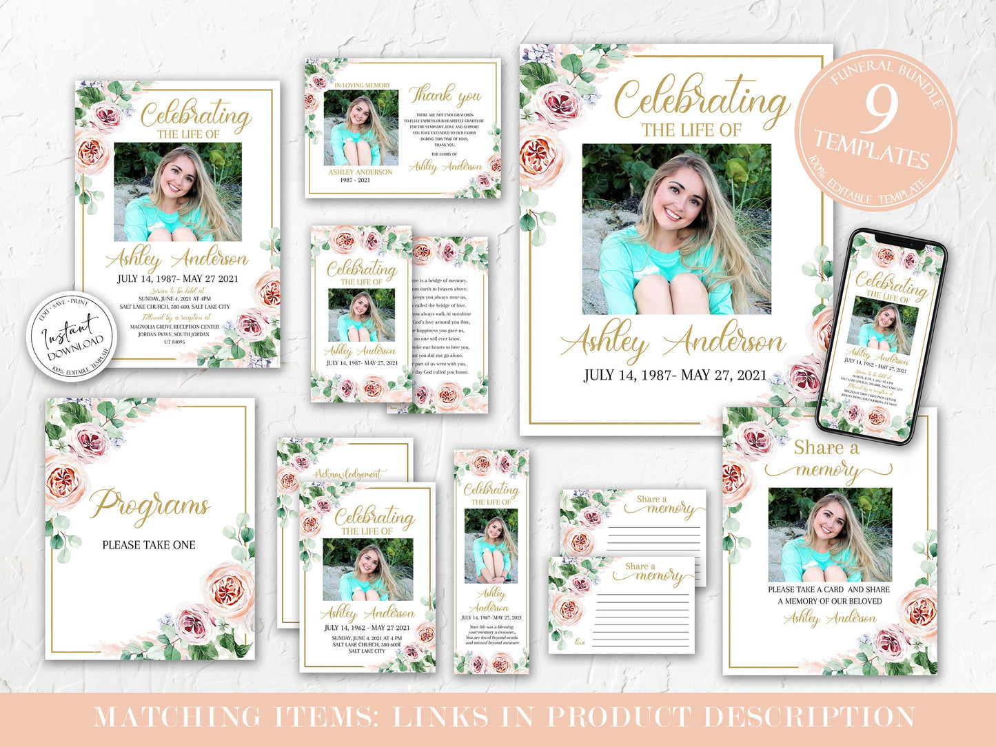 Blush Pink Roses Greenery Share a Memory Funeral Sign Share a Memory Card Template F1