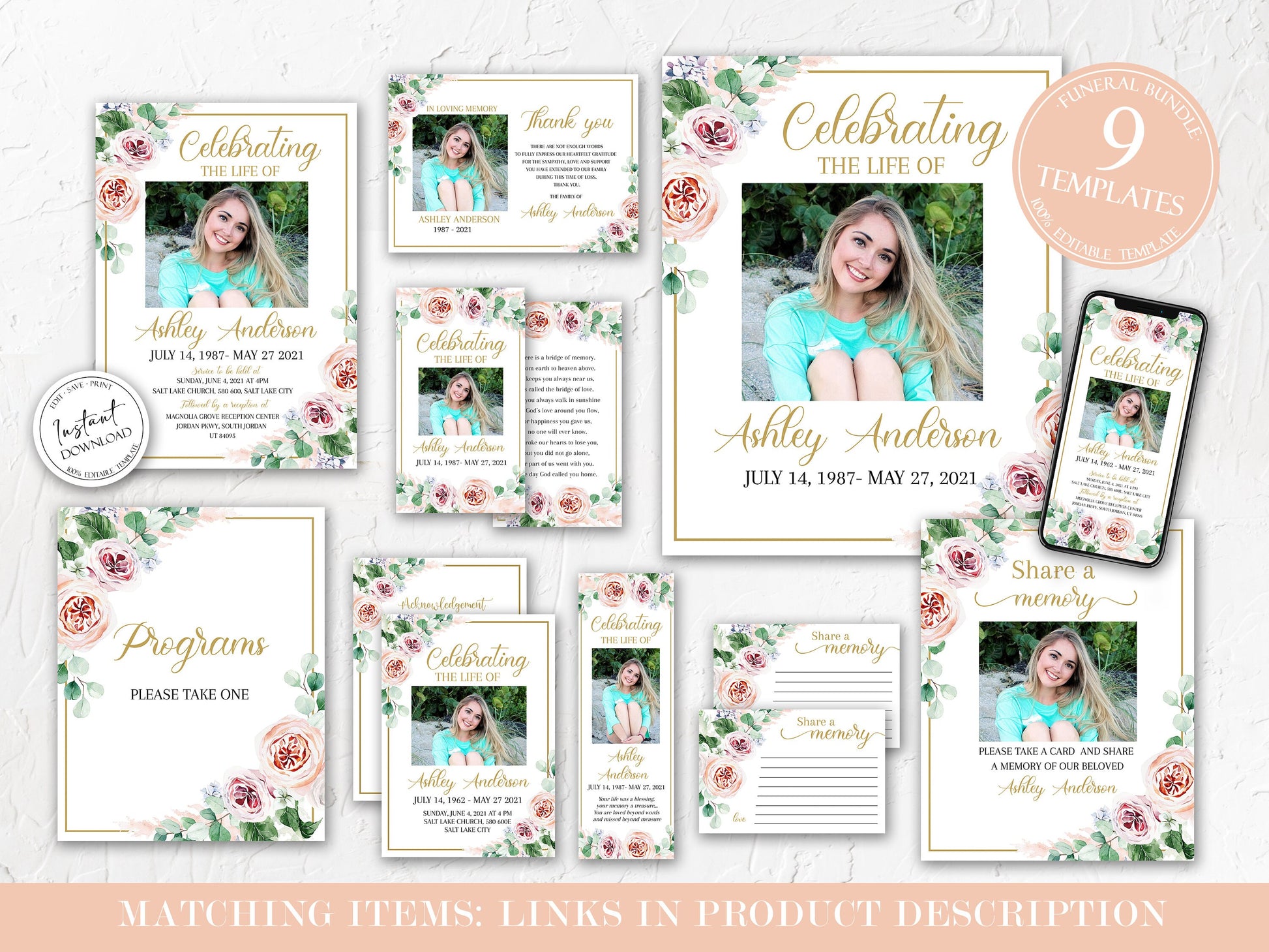 Blush Pink Roses Greenery Funeral Bookmark Template, Celebration of Life Bookmark, Funeral Keepsake Cards, Floral Pink Roses Greenery Memorial Bookmark, Obituary Bookmark F1