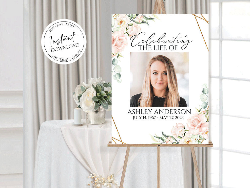 Celebration Of Life Blush Pink Roses Funeral Welcome Sign, In Loving Memory Welcome Sign, Memorial Sign, Editable Funeral Welcome Sign P4