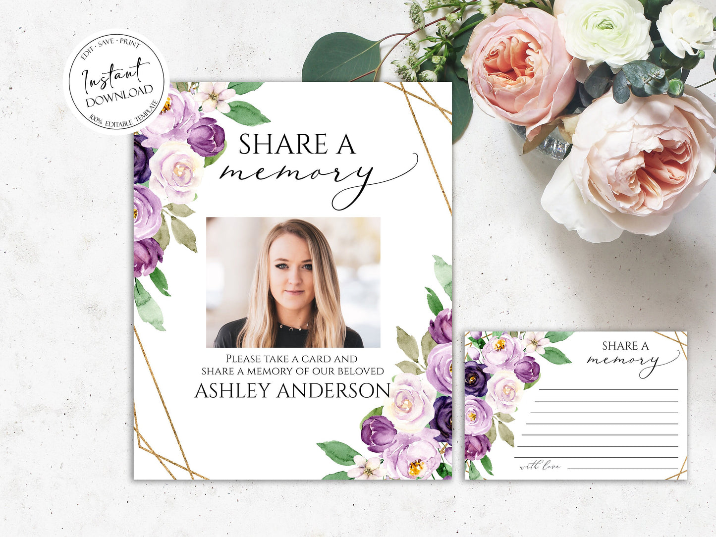 Share a Memory Funeral Sign, Share a Memory Card, Purple Funeral Memory Card, Editable Funeral share a memory template, Funeral Template P1